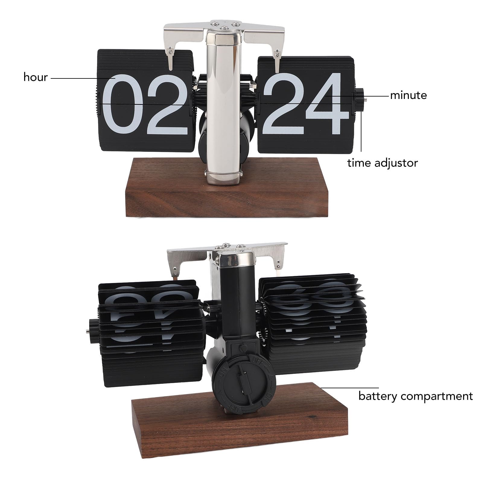 Retro Flip Vintage Desk Table Horloge, Mécanique Auto Flip Desk Clock Numéro 24h Base en Bois en Acier Inoxydable Table numérique rétro pour Le Bureau à Domicile