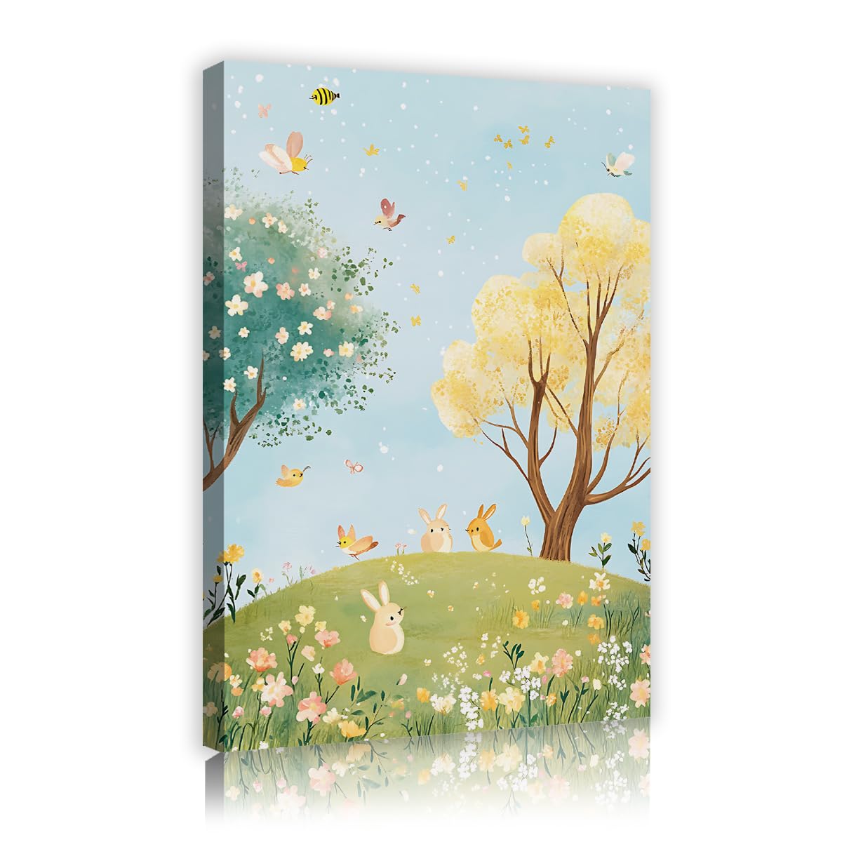 Via Vela Cute Bunny Canvas Wall Art Nature Tree Landscape Painting Bee Butterfly Floral Meadow Picture Whimsical Nursery Artwork for Bedroom Kids Room Decor 70x110cm