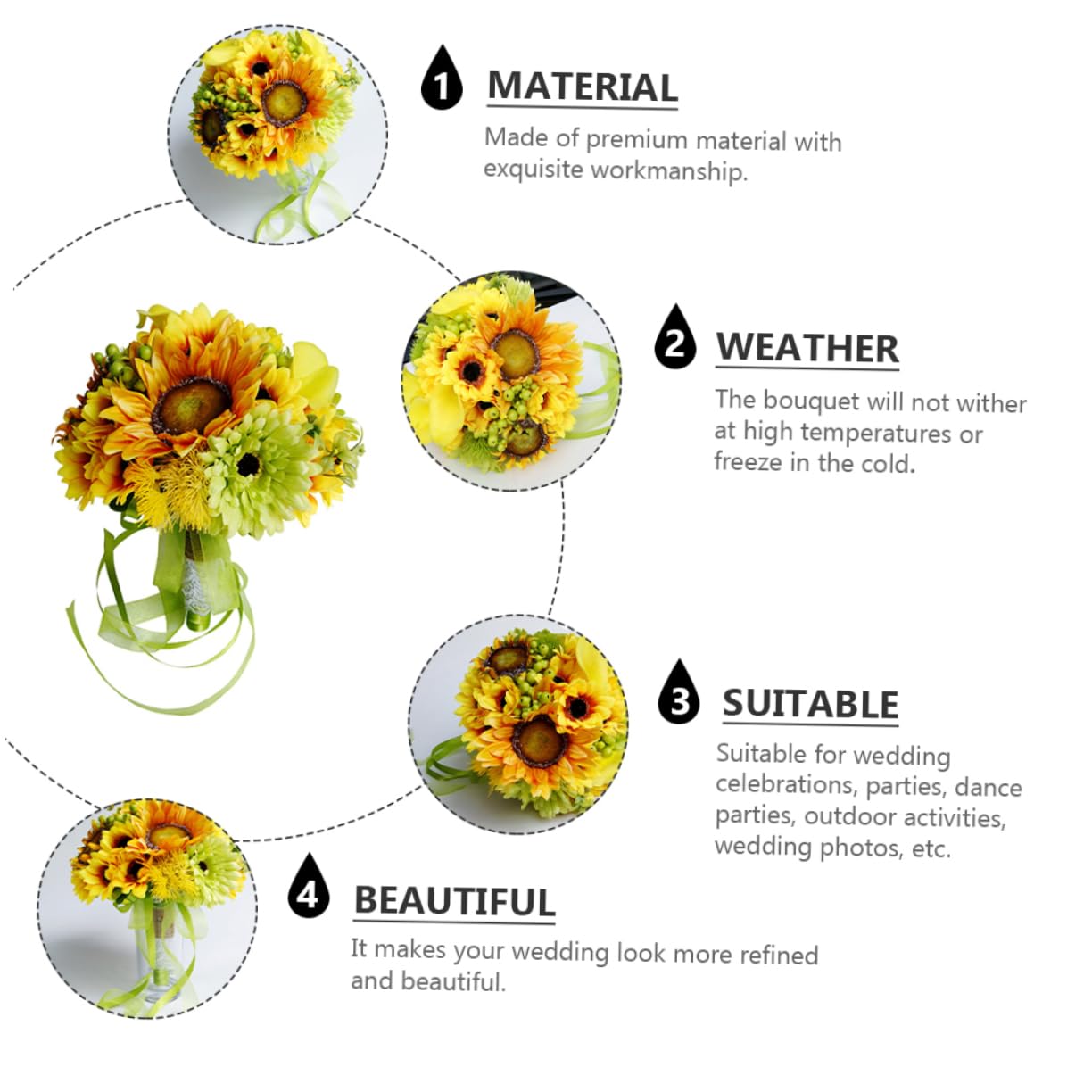 MAGICLULU Künstlicher Brautstrauß mit Sonnenblume, Hochzeitsdeko Requisite | Spinnseide und Pu, Wetterfest für Hitze und Kälte, für Outdoor Aktionen und Tanzveranstaltungen