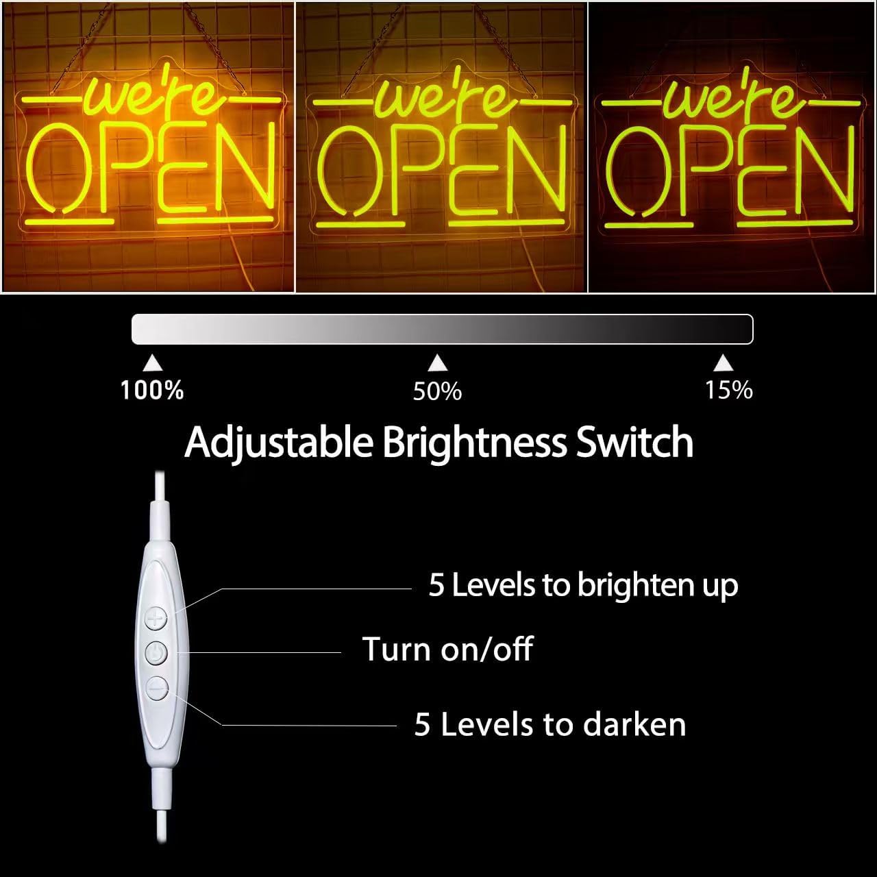 We Are Open Neon Sign for Wall Decor,Dimmable LED Light for Business Coffee Shop Store Bar Restaurant Pub Salon Hotel, Welcome Sign for Window Door, Yellow 15.7X10 inch