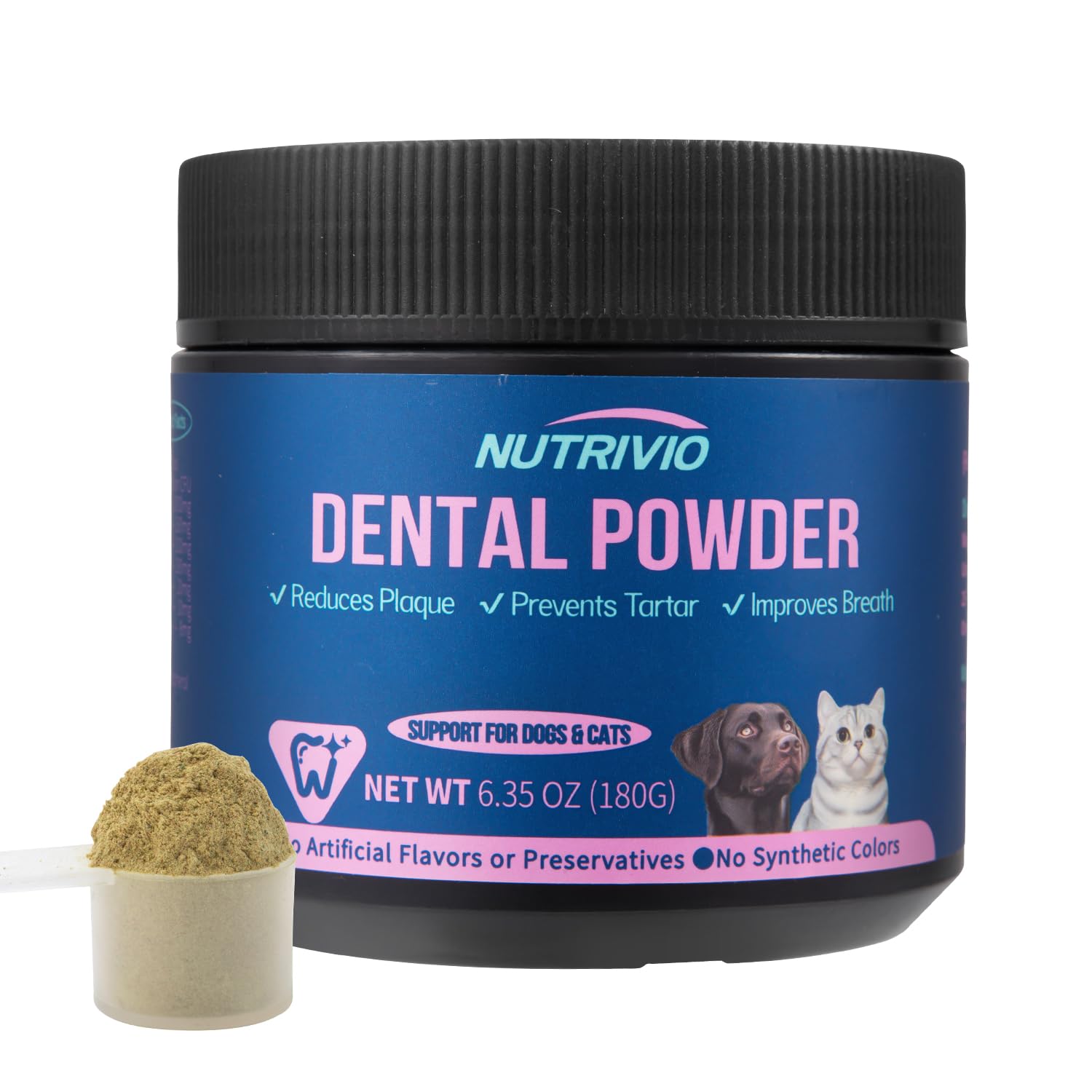 Nutrivio Dental Powder for Dogs & Cats - 5 Strains of Probiotics with 10B CFU, Natural Ingredients for Plaque & Tartar Control, Fresh Breath Oral Care,Safe for All Breeds & Ages Pets - 6.35oz(180g)