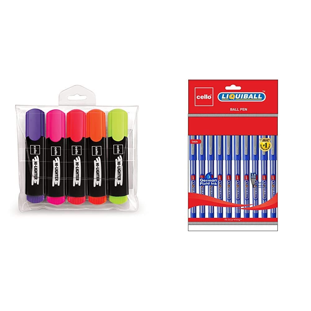 Cello Hi-Lighter (Pack Of 5, Vivid Colors - Yellow, Pink, Peach, Orange And Purple) | Easily Applica Liquiball Ball Pen - Pack Of 10 (Blue)