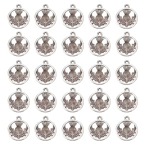 SUNNYCLUE 1 Box 120Pcs Thistle Charms Bulk Scotland Thistle Charm Tibetan Style Alloy Scottish Scotland Charm Flat Round Flower Pendants for Jewellery Making Charms DIY Earrings Necklace Crafts UK