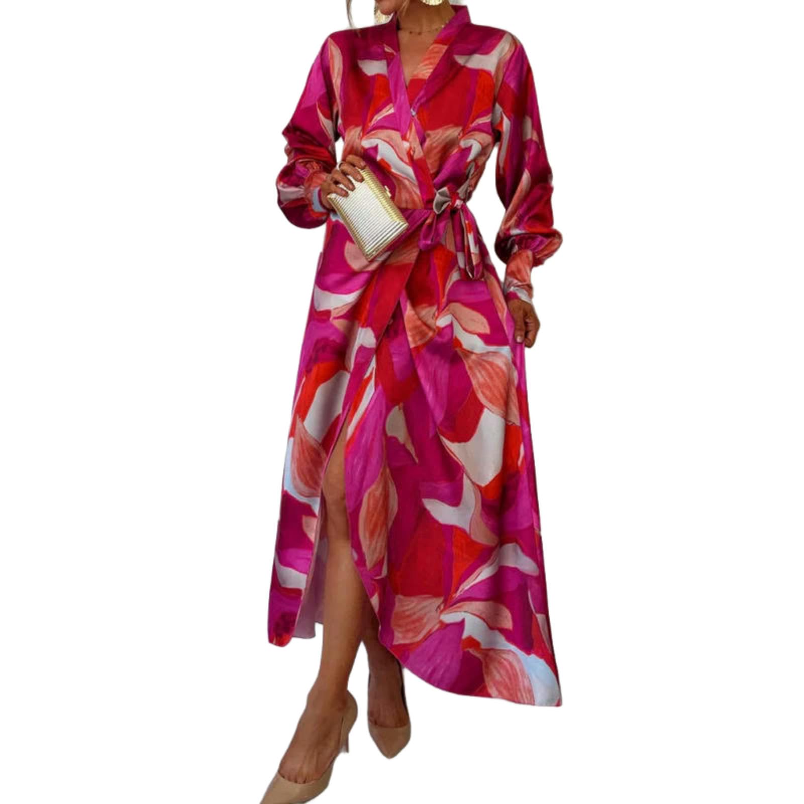 Vestiti a Maniche Lunghe Abito da Pizzo Stampato Donna, Elegante Diviso V, Ad Maxi Irregolare, Pendolarismo Elegante, Abbigliamento Donna Chic