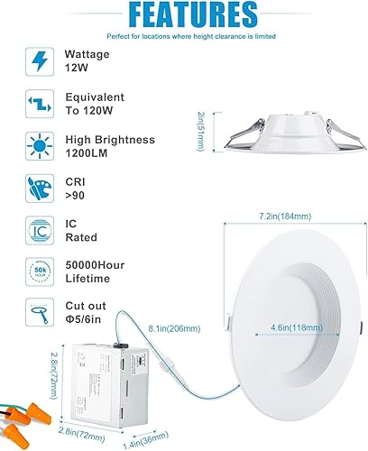 Miniatura 5 de Paquete de 12 luces LED empotrables de 6 pulgadas, CRI90, 3CCT, 3000 K4000 K5000 K, luces LED regulables, lámparas resecadas, lámpara descendente