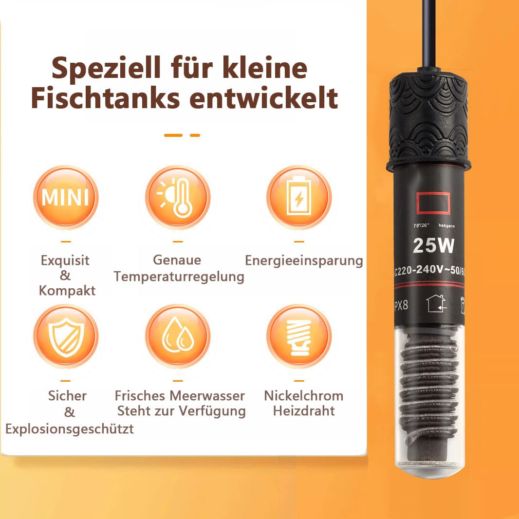 GERUI Mini grzałka do akwarium 25W, termostat, ogrzewanie akwarium dla żółwi do małych akwariów, do wody słonej i słodkiej, z kablem sieciowym 99cm (1)