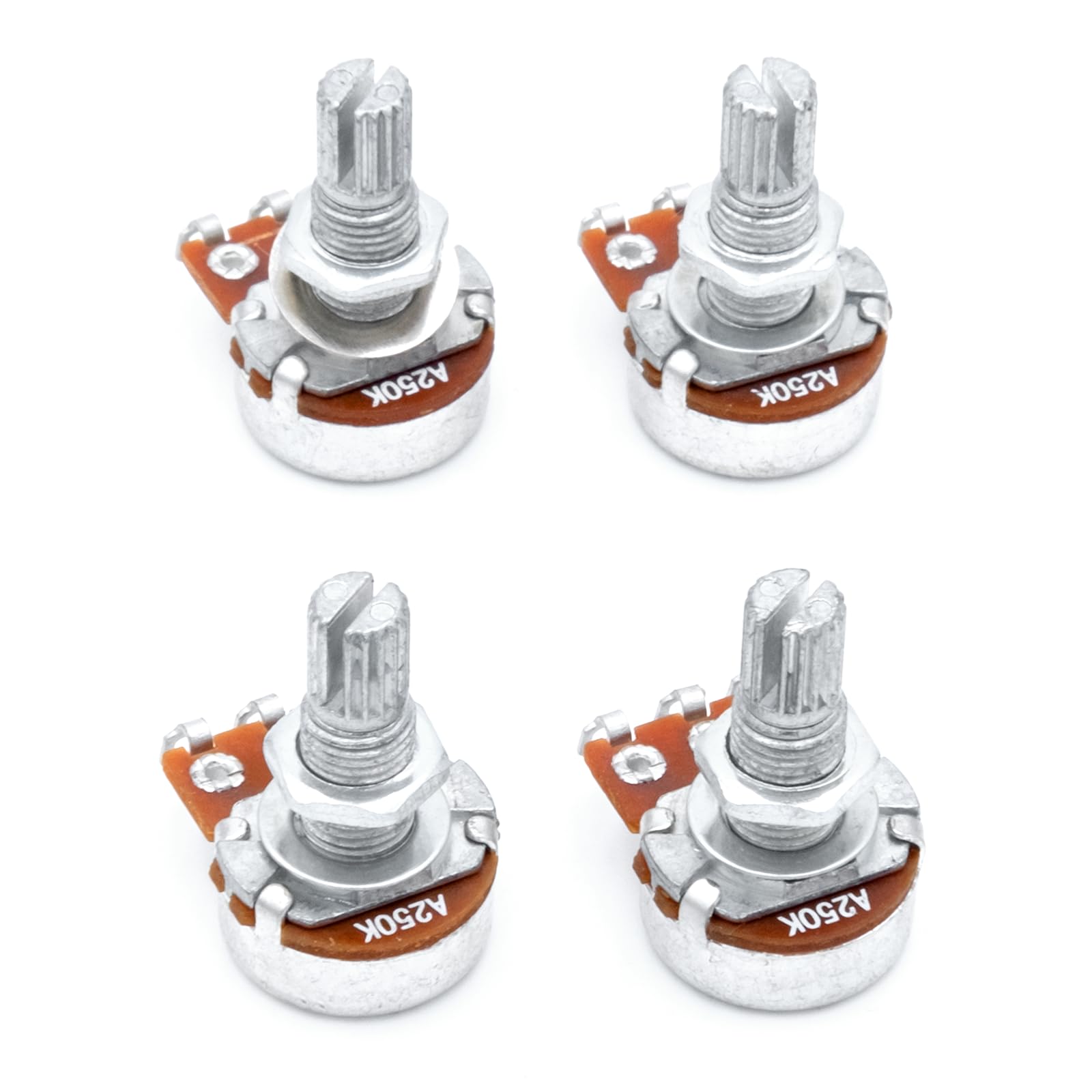 Xuxing 4PCS Mini Guitar Potentiometer Audio Volume Taper Pots for Fender Stratocaster Telecaster Guitar Bass Replacement (A250K, Long 18mm Shaft)