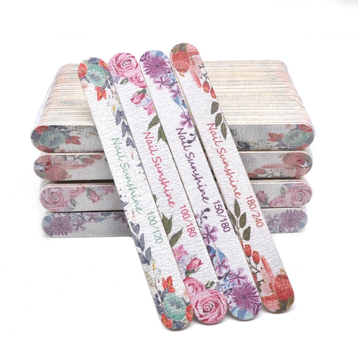 100 unids/lote limas de uñas de madera 100/120/150/180/240 profesional lavable manicura pulido lijado flor impreso uñas herramientas conjuntos-mezcla