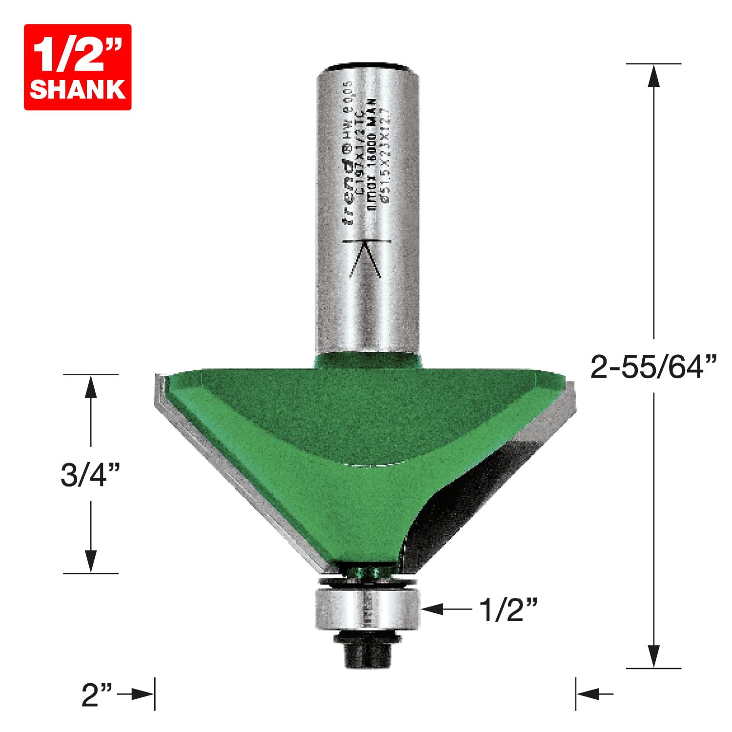 Trend Craft Pro 1/2in Shank Bearing Guided Chamfer Cutter - 12.7mm Diameter Two Flute Carbide Tips., Silver, C197X1/2TC