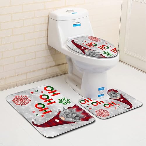 Miniatura 4 de Juego de alfombras de baño de gnomo de Navidad, 3 piezas, árbol de Navidad, copos de nieve, juego de tapetes de baño para decoraciones de Navidad,