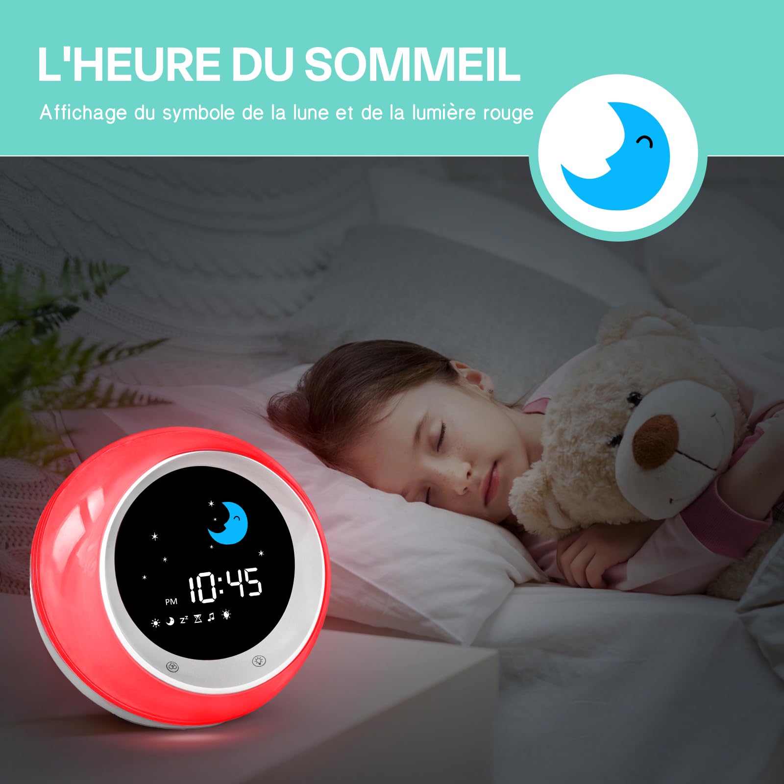 Despertador Infantil, Reloj Despertador Niños con Luz Nocturnas, Máquina de Sonido, Función de Repetición y Temporizador, Despertador Digital para Niños y Niña