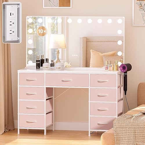 COMHOMA Vanity Desk with Large Mirror,15 LED Bulbs and Power Outlet,Makeup Table with 9 Storage Drawers and HD Mirrors,3 Color Modes Adjustable Lighting for Bedroom Dressing Room (Pink, 47inch)