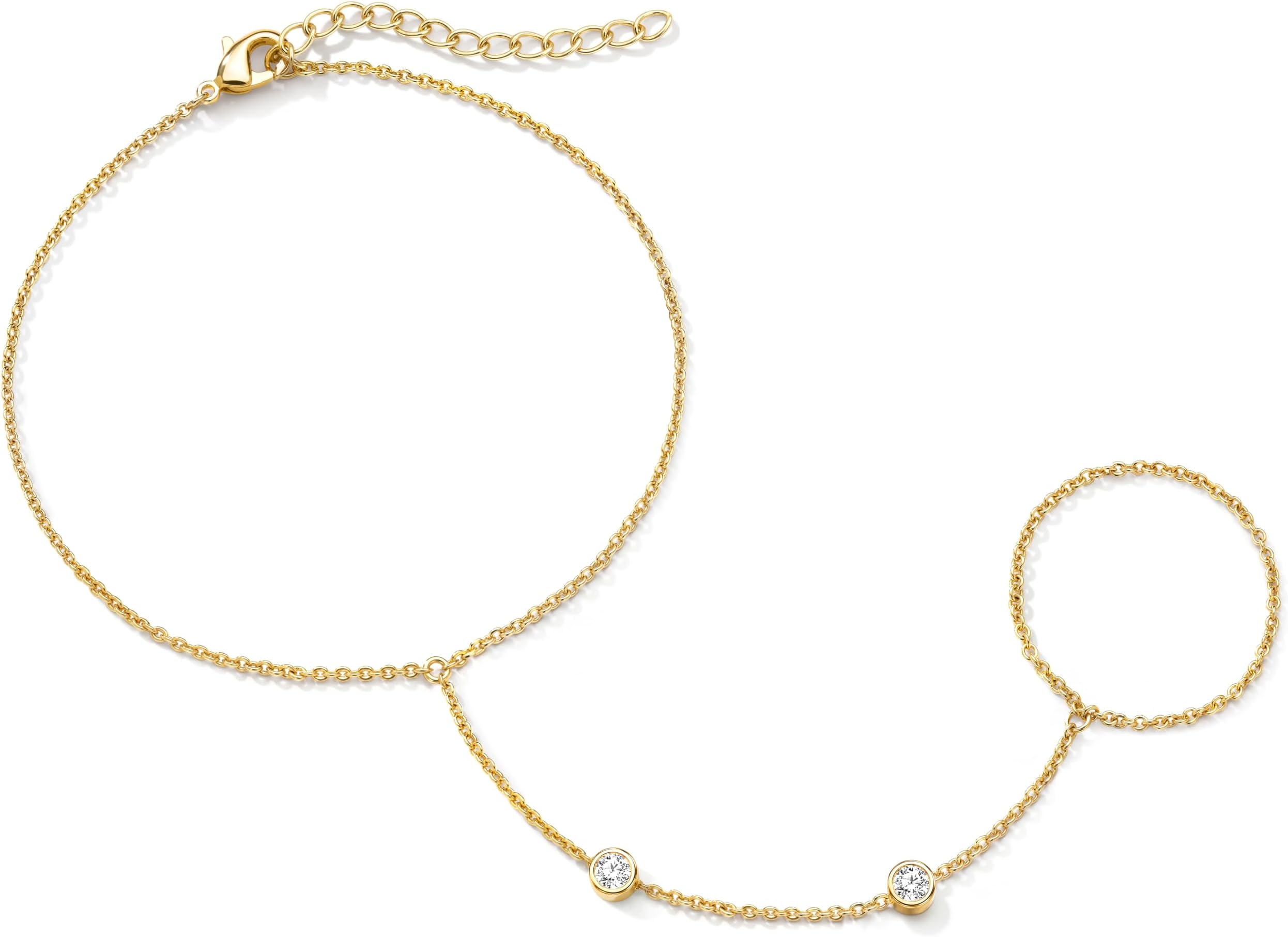 Dainty Gold Ring Hand Chain Cubic Zirconia Bracelet Trendy 14K Gold Plated Hand Chains Bracelet for Women Simple Body Jewelry Set Trendy Birthday Gift