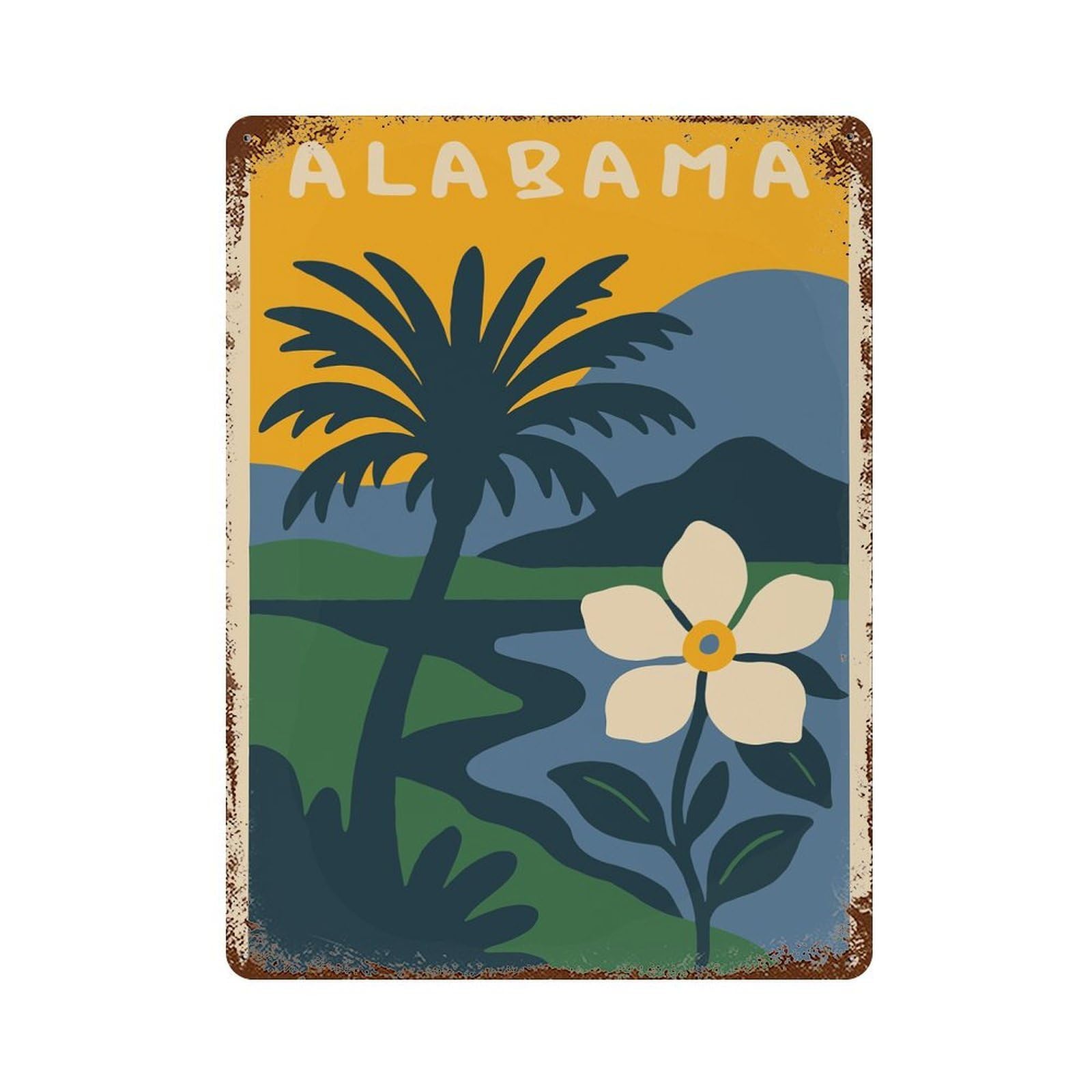 Alabama State Illustration with Palm Tree 15.7"x11.8" Distressed Metal Wall Sign, Retro Wall Decor for Garage, Bar And Workshop Decor