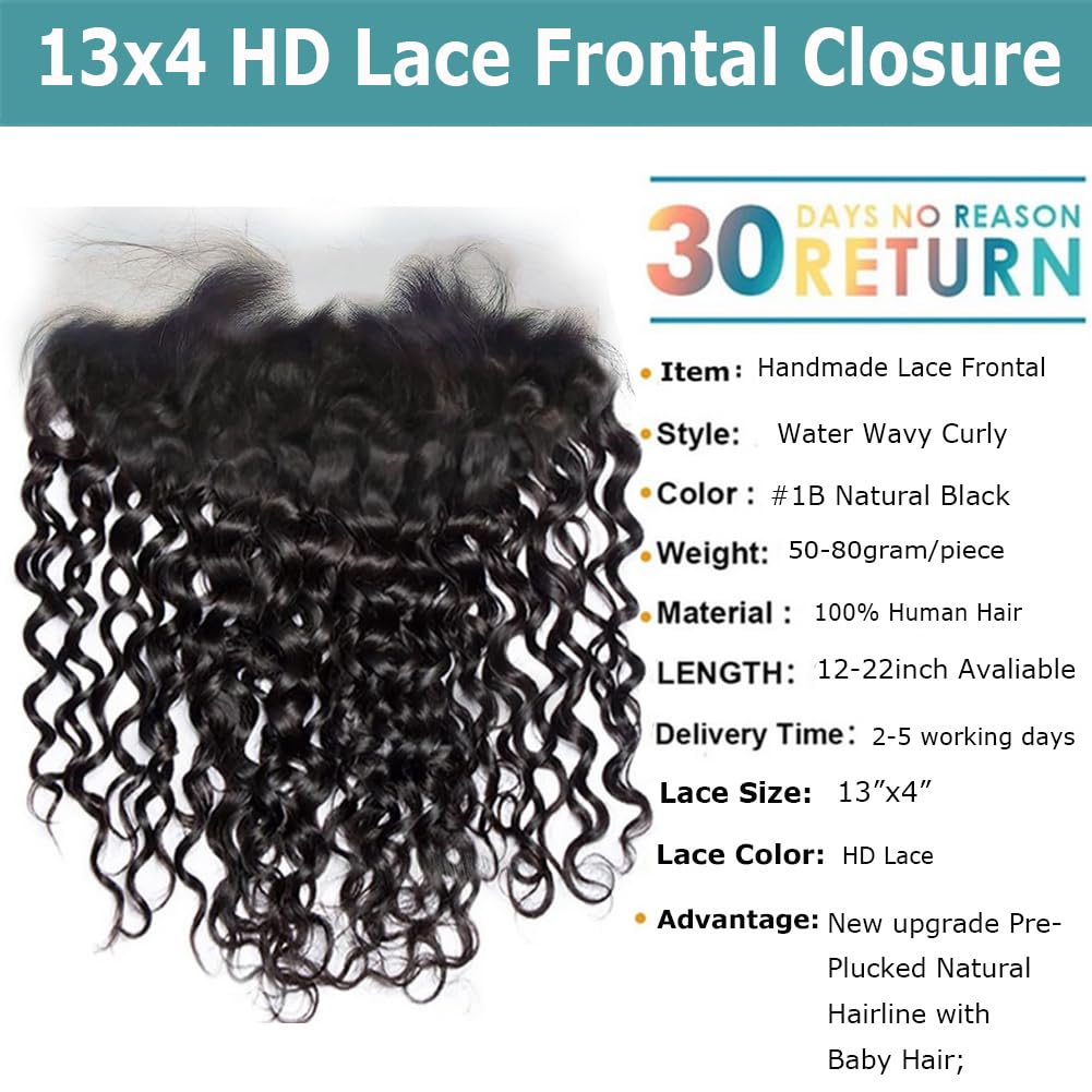 16inch HD Lace Frontal Closure Water Wave 13x4 Invisible SKINLIKE Lace Front Human Hair, New Upgrade Pre-Plucked Natural Hairline with Baby Hair Natural Wavy Curly