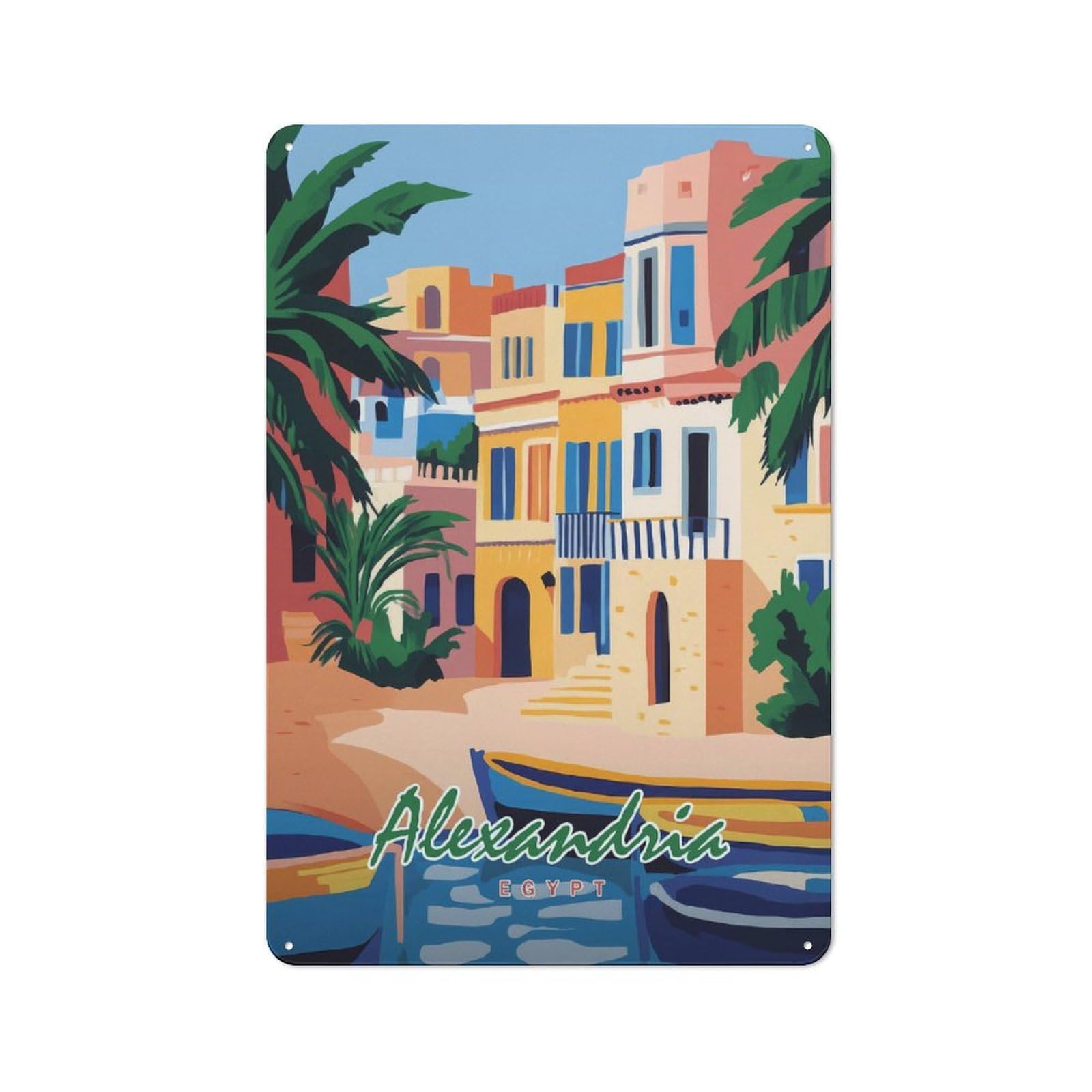 Junmoney Style-12 Tin Wall Plaque 30X20cm With Alexandria, Egypt Travel (2) For Living Room Or Hallway, For Vintage Wall Decor Fans, For Themed Room Decoration