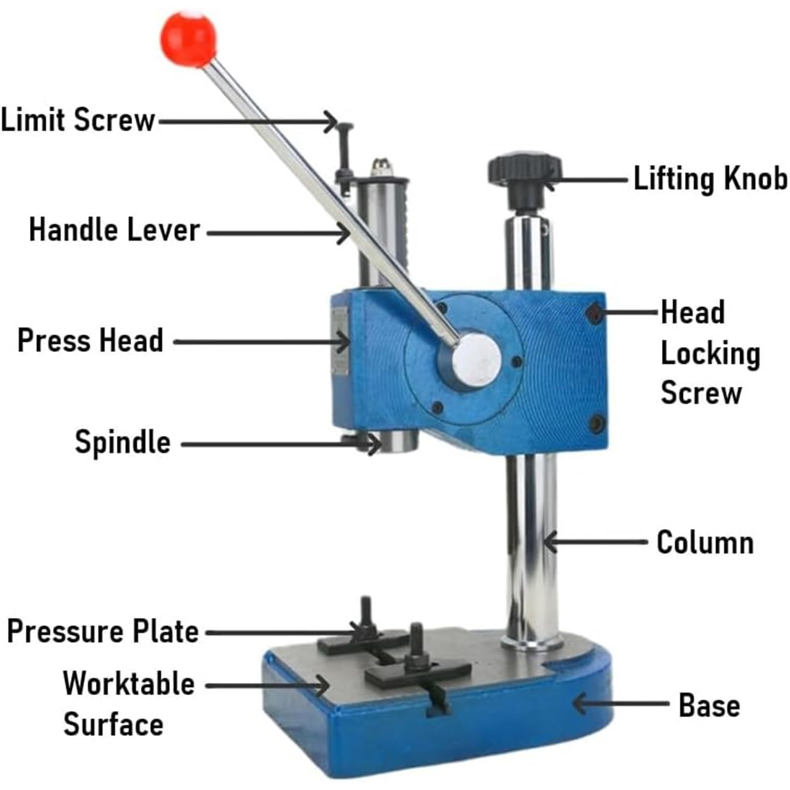 Prensa de eje resistente, prensa manual con mango antideslizante, cabezal giratorio de 360° y altura ajustable para remachar y perforar agujeros