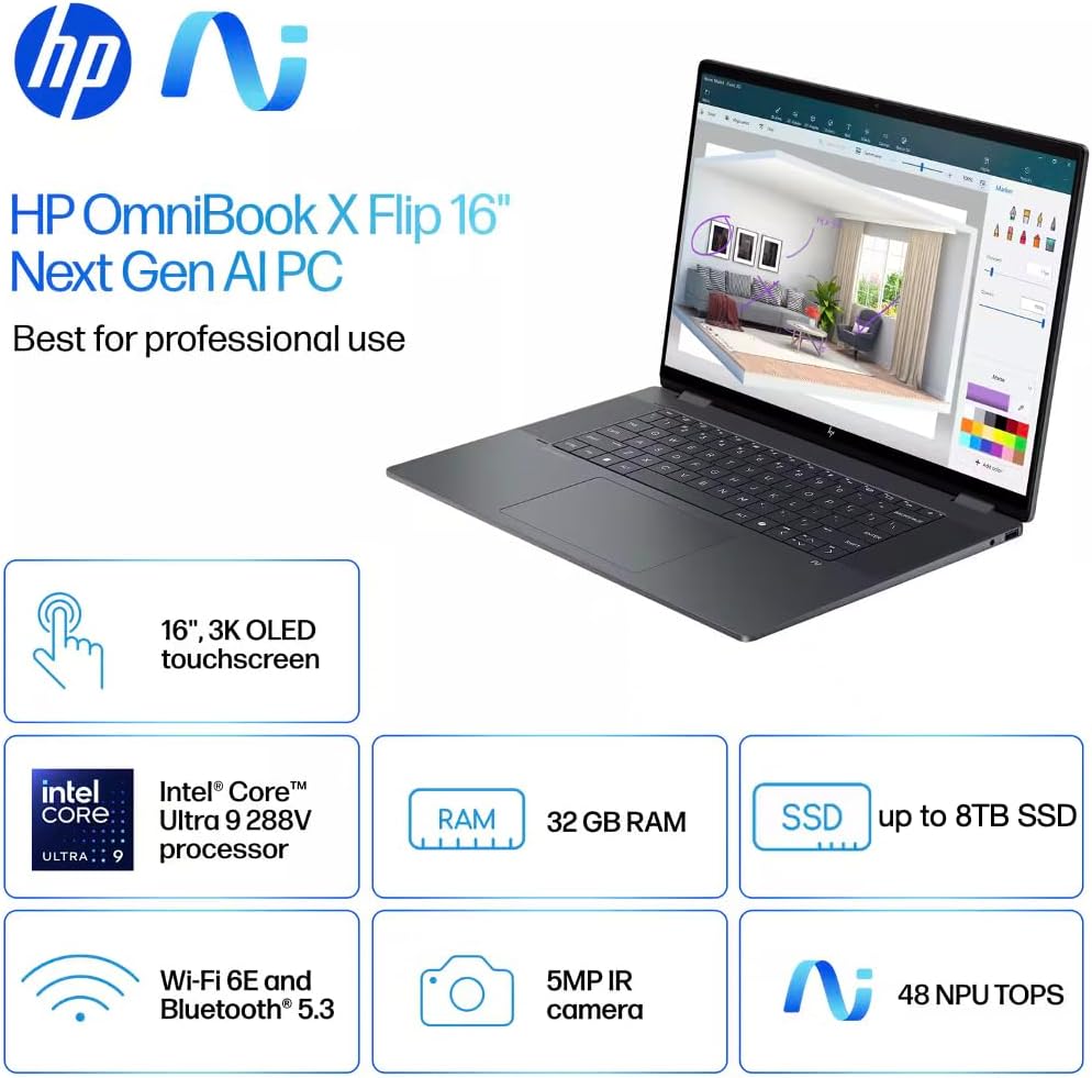 HP OmniBook X Flip AI PC 2-in-1 Laptop 16.0" Touchscreen OLED 2.8K Display (Intel Ultra 9-288V, 32GB LPDDR5X, 2TB SSD, Backlit KB, Thunderbolt 4, WiFi 6E, Webcam, Bluetooth 5.3, Win 11 Home) (Renewed)