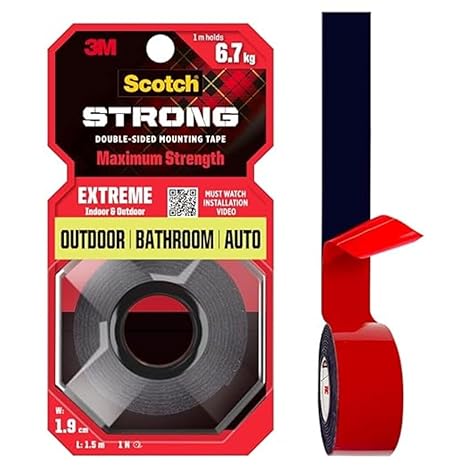Scotch Extreme Double Sided Tape by 3M, 1M Holds 6.7Kg, Works On Uneven Surfaces, Weather Resistant, Works On Indoor, Outdoor, Auto Interior Surfaces, (L: 1.5m, W: 19mm), Black