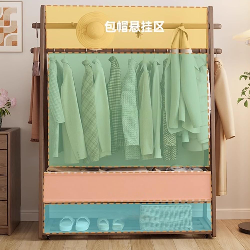 Massivholzgarderobe mit Rollen, mobiles Aufbewahrungsregal für Eingangsbereich und Schlafzimmer, Hängeorganizer mit Stofftasche, freistehender Kleiderständer für Flur und Eingangsbereich.