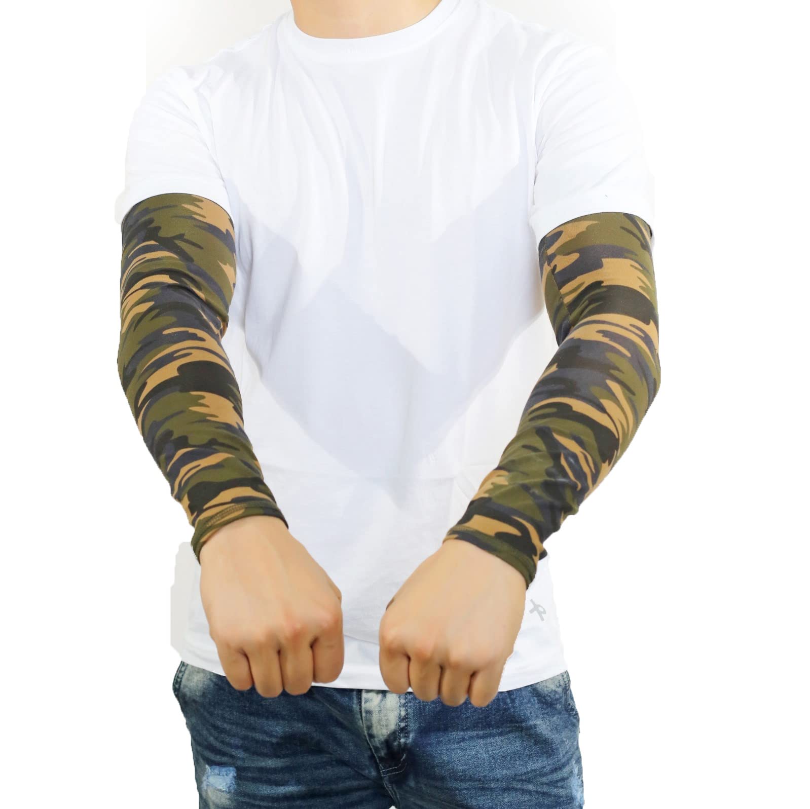 SOUL eTHICS Cotton Full Hand Sleeves Arm Suitable for Riding, Gym for Skin Tan Sunburn Protection Summer, Sport Hand Sleeves for Men and Women, Olive Military Print, Camouflage Printed Sleeves (Pack