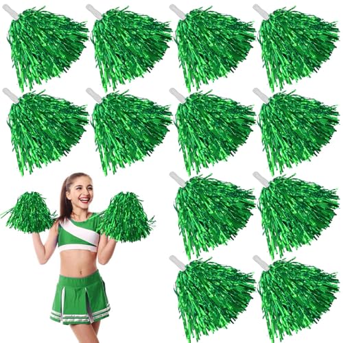Leikurvo 12 Pompones de Animadora para Eventos Deportivos, Juegos de Pelota, Bailes y Fiestas de Carnaval (Verde)