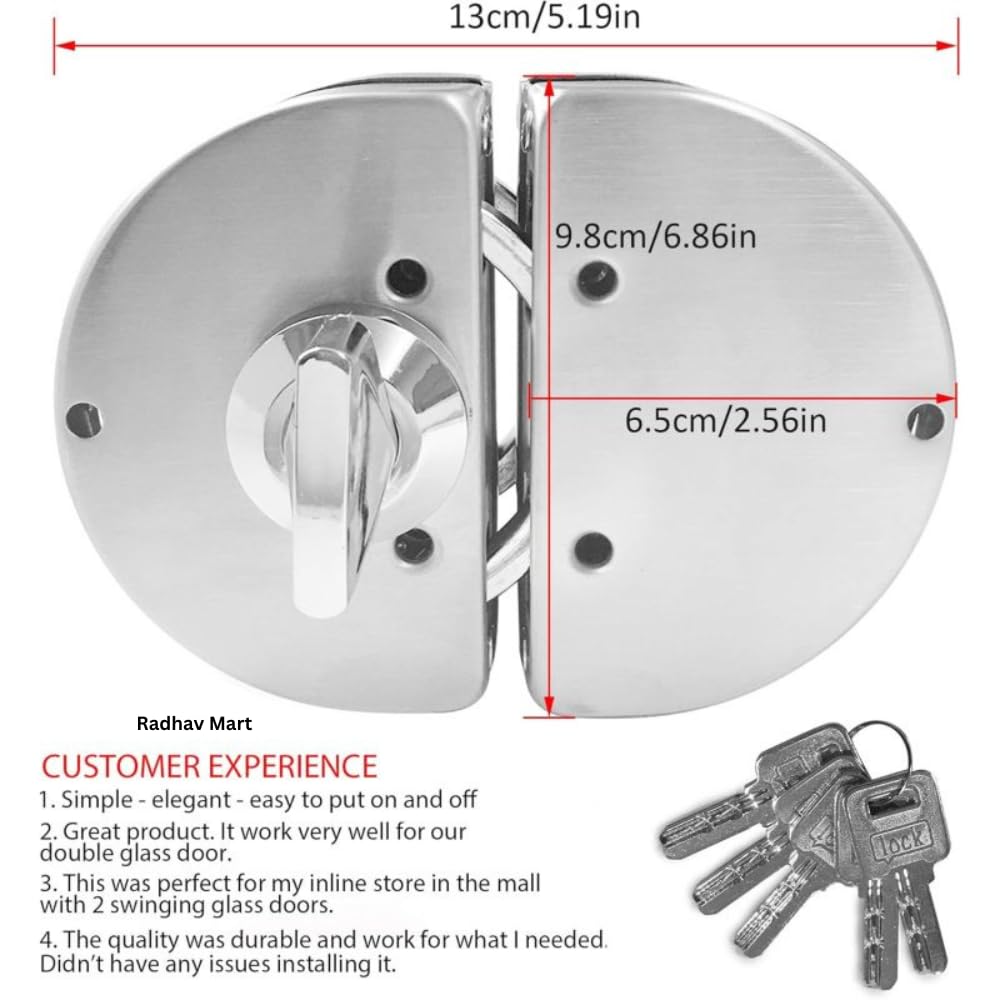 Radhav Mart Heavy Duty 304 Stainless Steel Glass Door Lock for 10-12mm Frameless Glass | No-Drill Anti-Theft Security Lock with 3 Keys & Inside Knob | Satin Finish Center Lock for Office, Shop & Home 3