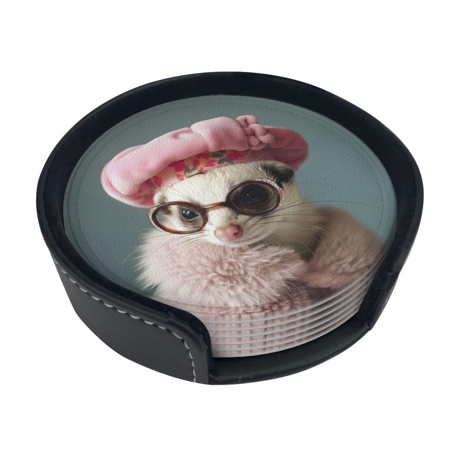 French Fashion Model Ferrets Print Round Coasters Set Of 6,Coaster For Tabletop Protection Home Bar Decor