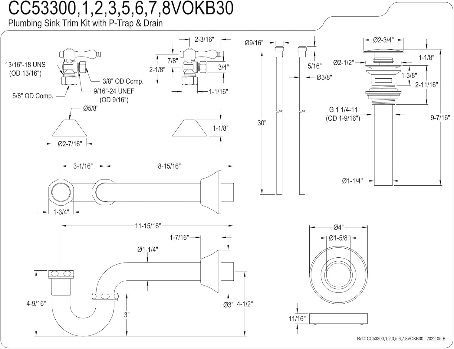 Kingston Brass CC53300VOKB30 Trimscape Traditional Plumbing Sink Trim Kit with P-Trap and Overflow Drain in Matte Black