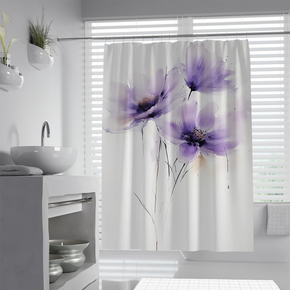 UIRINGART Elegant Purple Wildflowers Shower Curtain W180xL220cm Vibrant Botanical Blossom Fabric Water Repellent Anti Mould Bathroom Curtain For Tub Home Hotel