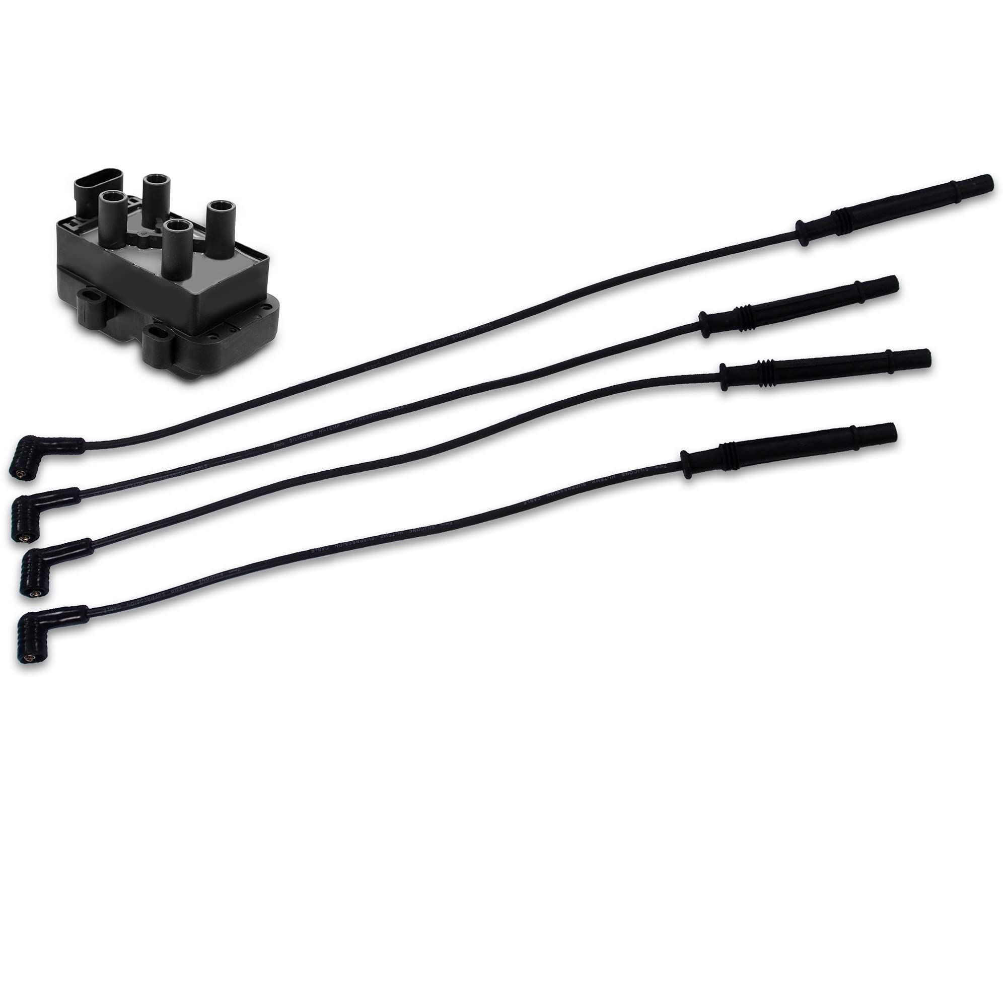 BESTPRICE 1x bobina di accensione modulo di accensione a 4 poli + 4x cavo di accensione set cavo di accensione Adatto per RENAULT CLIO II (BB_, CB_),KANGOO (KC0/1_),KANGOO Express (FC0/1_),TWINGO I (C
