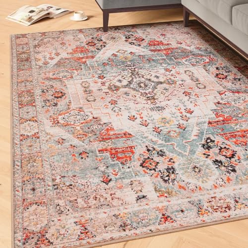 Machine Washable Traditional Blue Red Multi Cotton Large Rugs Medallion Patterned Stain Resistant Liquid Repellent Living Area Bedroom Rug 240cm x 330cm (7ft 10" x 10ft 10")