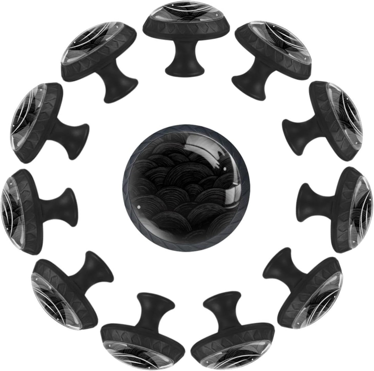 Black Vintage Art Monochrome Waves (9) Printed Drawer Pulls, Sturdy Cabinet Knobs for Bedroom Furniture and Closet