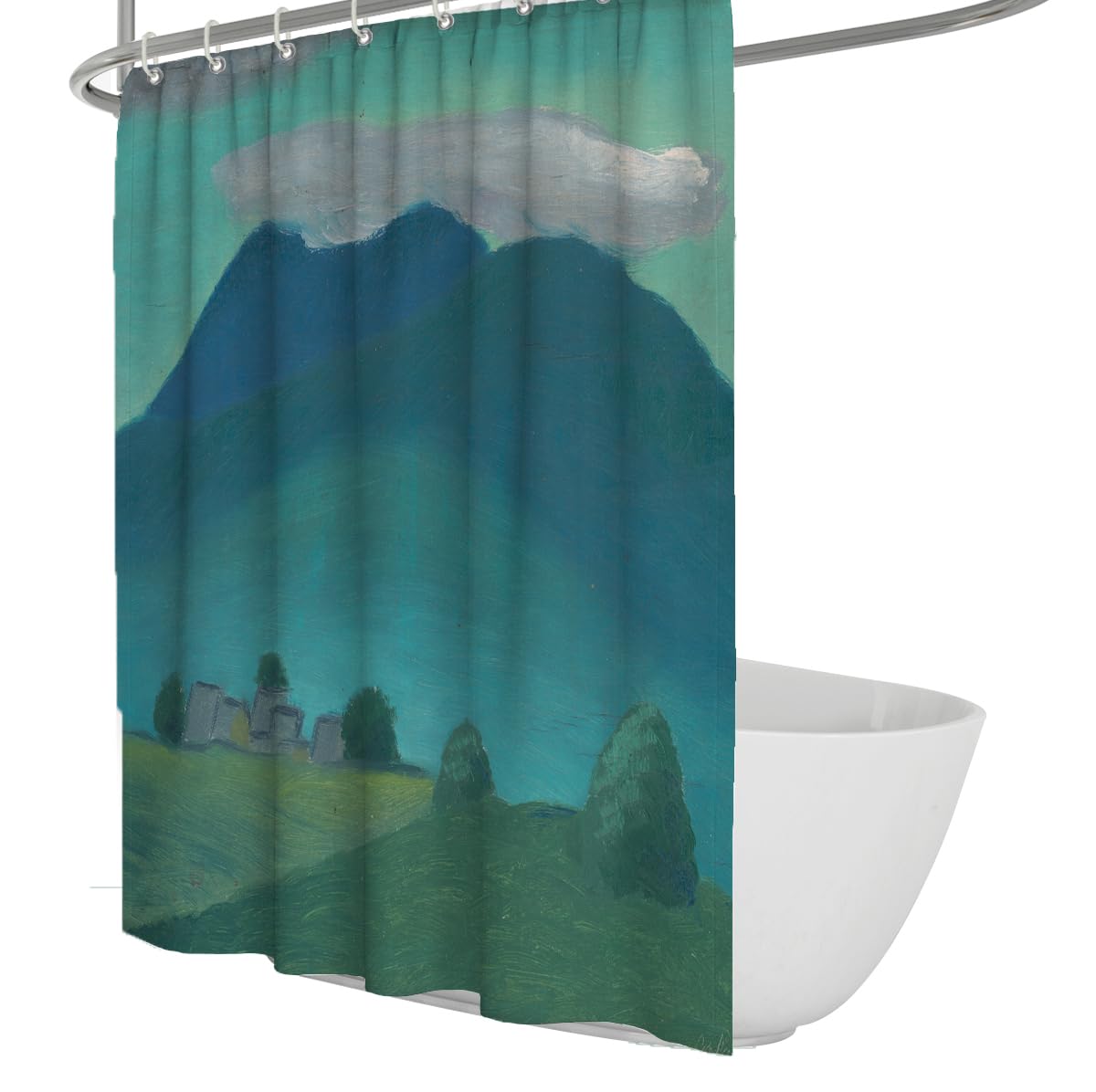 Retro Nordic Nature Badezimmer-Duschvorhang Frühabend-Duschvorhang Abstrakter Smaragdgrüner Alpenhügel und ländliches Cottage-Muster 200 x 220 cm