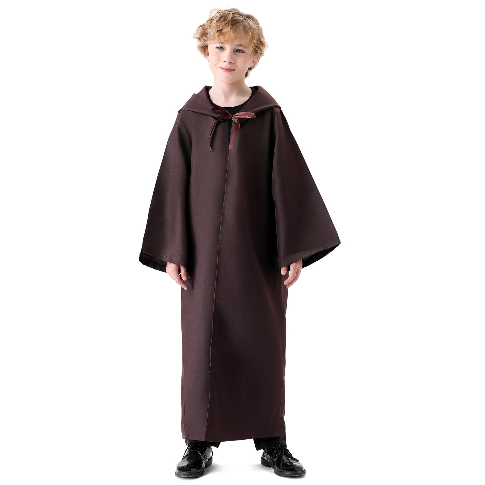 Banchif Kids Hooded Cape Black Halloween Medieval Vintage Cloak Kids Halloween Costumes Carnival Fancy Dress Cosplay Costumes (Brown 150) - Image 3