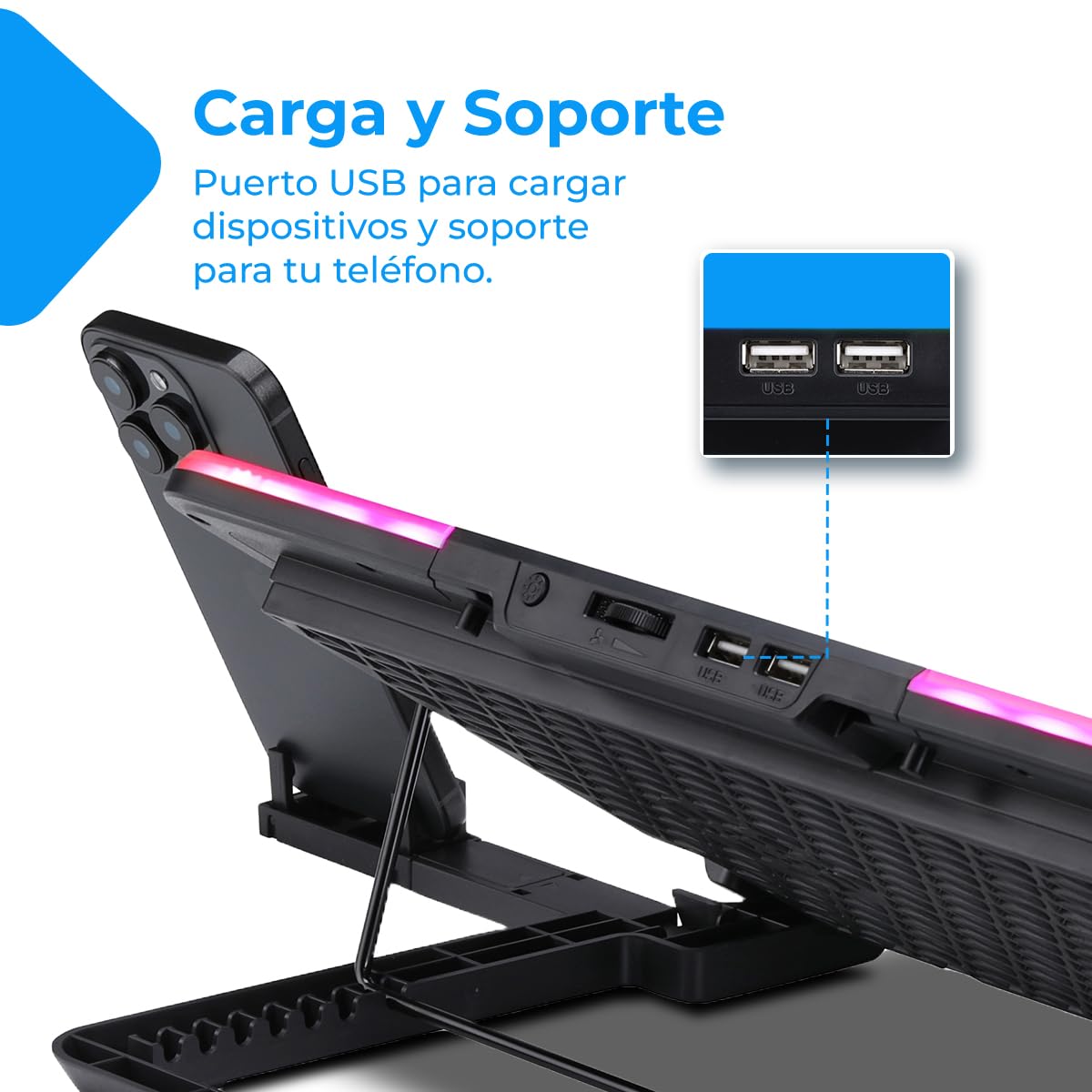 NK Przenośna lodówka do gier 17" - 7 trybów LED RGB LED, 2 ciche wentylatory z regulowaną prędkością, 5 regulowanych wysokości, port USB, uchwyt na telefon, szybkie chłodzenie