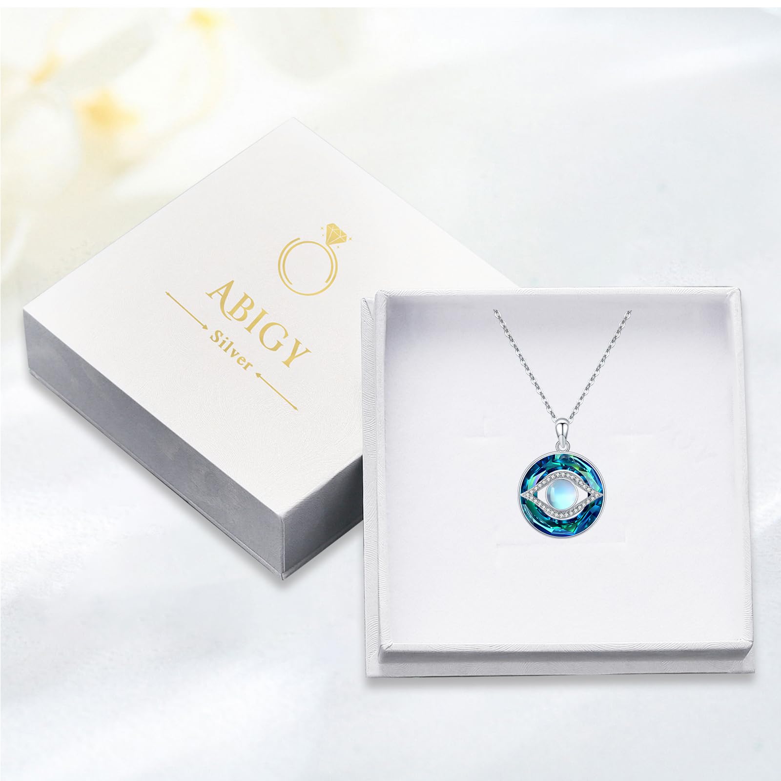 Collar de plata de ley 925 contra el mal de ojo, collar de piedra lunar, collar de cristal, regalo para mujer, talla única, Plata esterlina, Cristal