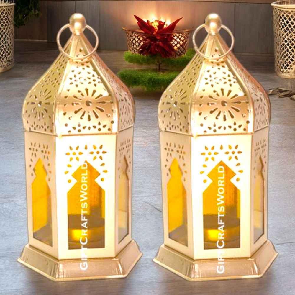 GiftCraftsWorld Hexagon Moksha Lantern: Handcrafted Moroccan Decorative Iron Metal with Glass Wall Candle Holder for Tabletop & Hanging Indoor/Outdoor Tealight Lamp Combo Set of 2 (Yellow)-image-32