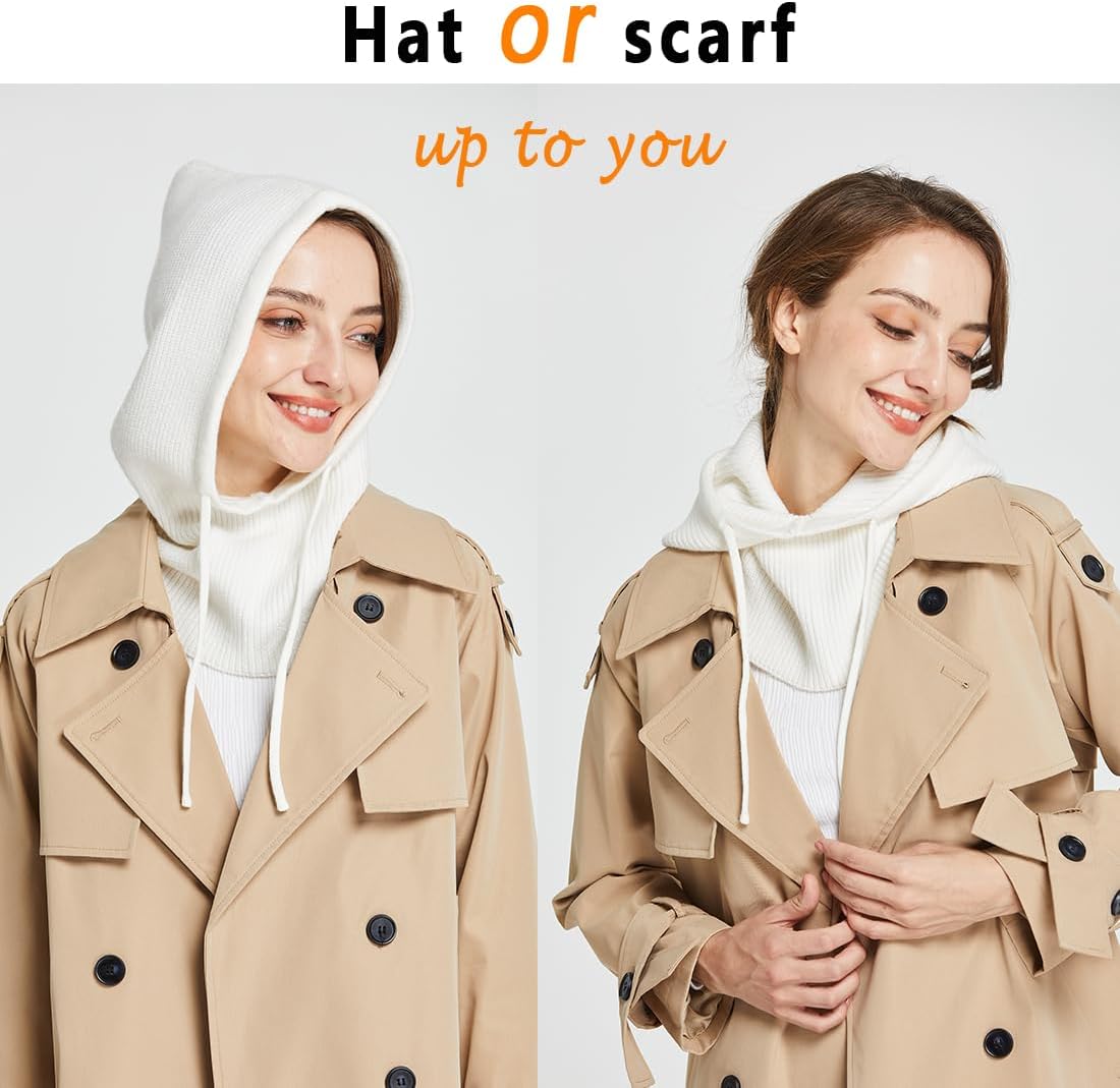 Facecozy Winter Hats for Women, Wool Blend Hooded Scarf Hat for Women Balaclava Knit Skull Cap Beanie Hat Men Neck Gaiters - Image 2