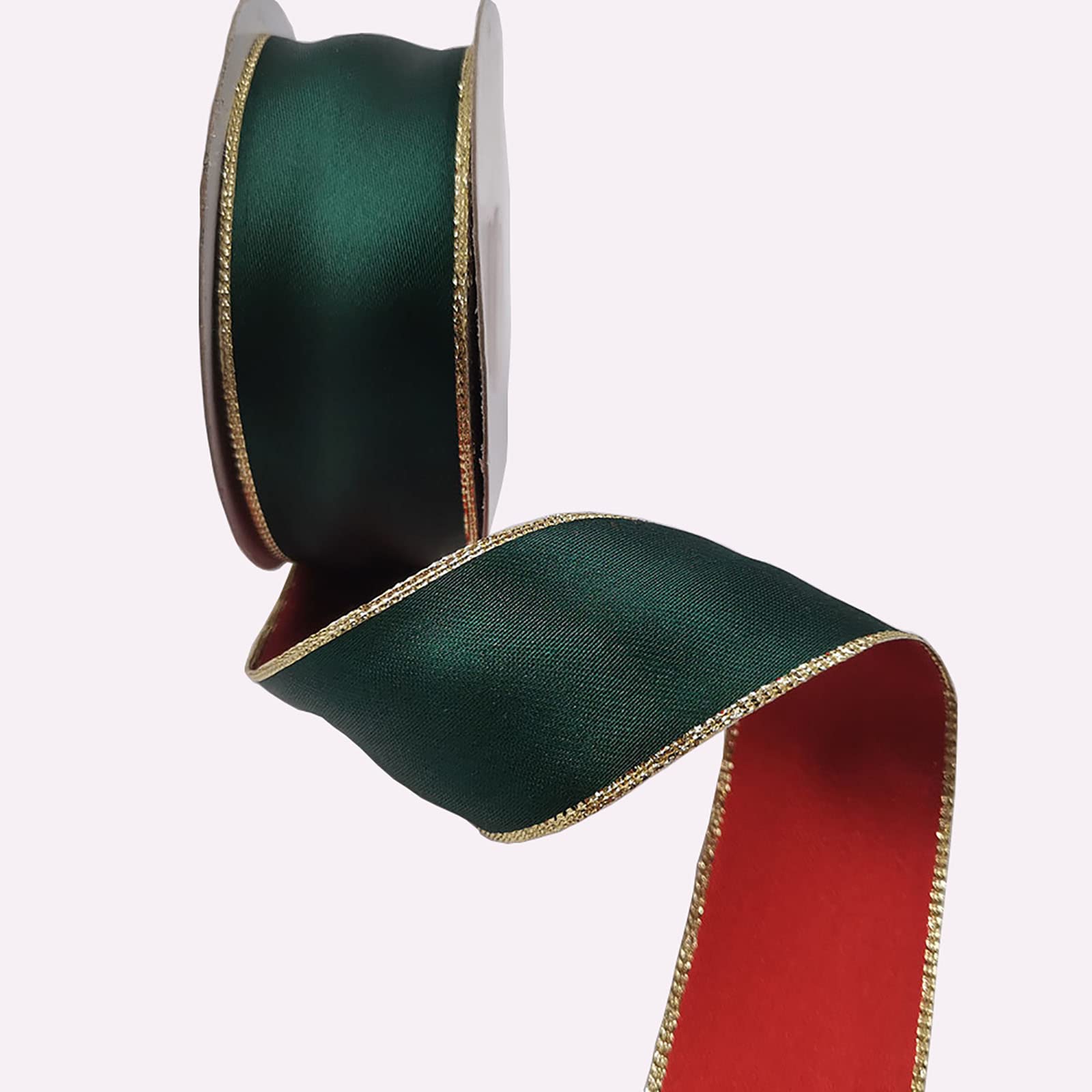 KLTRIBBON Wired Satin Ribbon Red Green with Gold Lurex Edges for Christmas,Gift Wrapping,Wreaths,Home Decor,1-1/2 Inch X 10 Yards