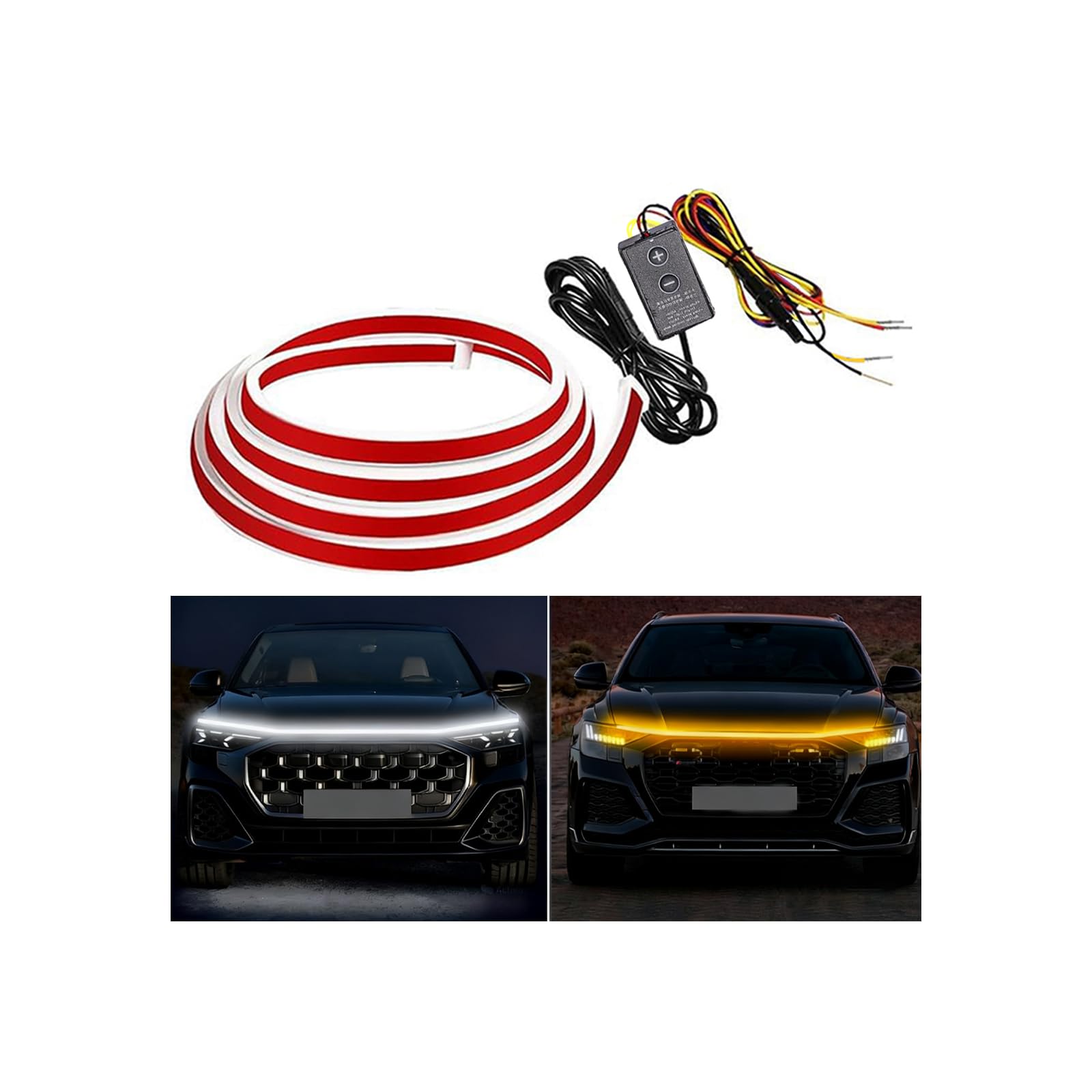 Striscia luminosa per cofano auto,striscia luminosa a LED per cofano con avvio dinamico della scansione,luci diurne con luce bianca e indicatori di direzione gialli, adatta per auto (70 Pollici/12V)