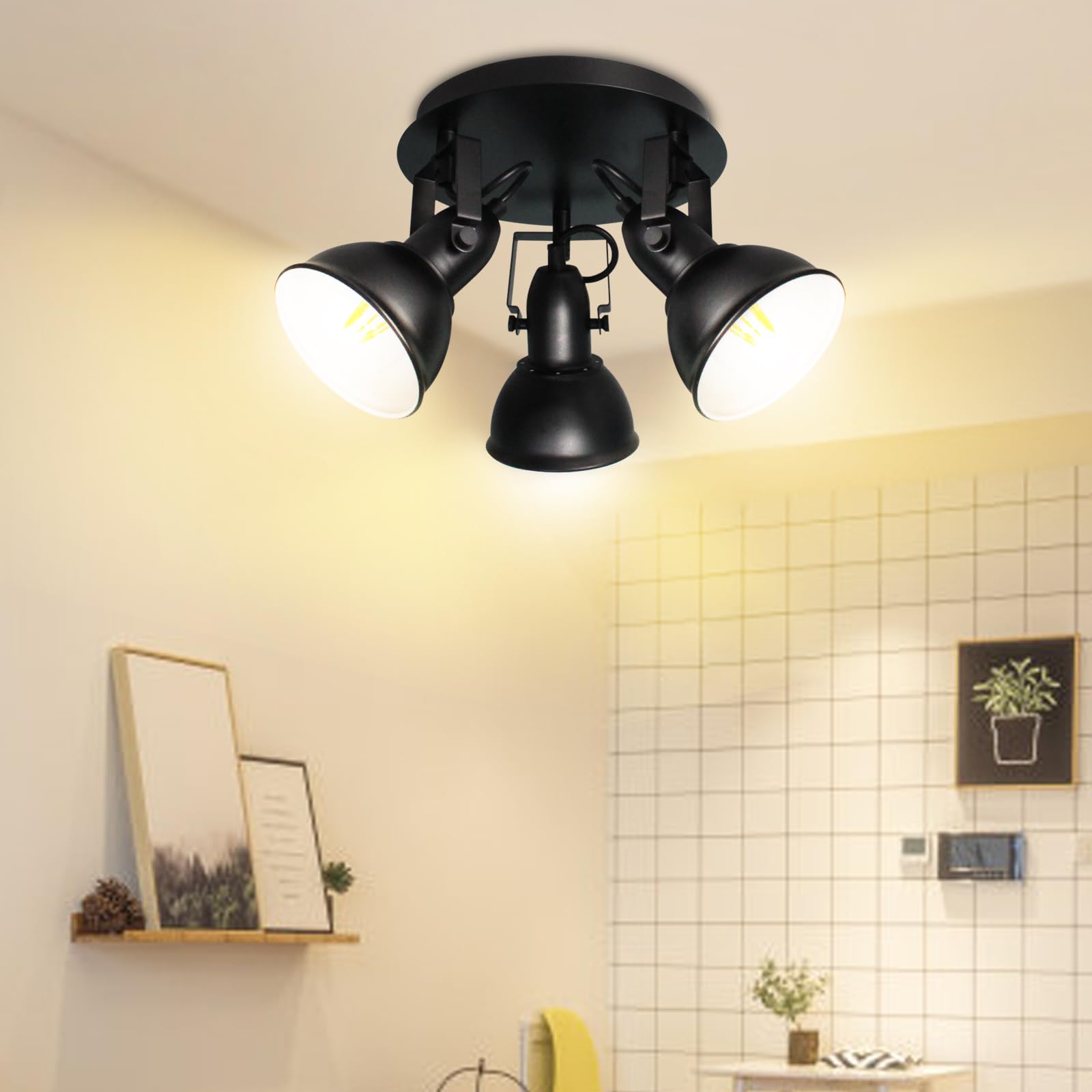 Unikcst 3 Way Spotlights Ceiling Lights E27 Black Spotlights Ceiling Fitting Rotable Spot Lights Fittings for Kitchen Bedroom Hallway Living Room Office