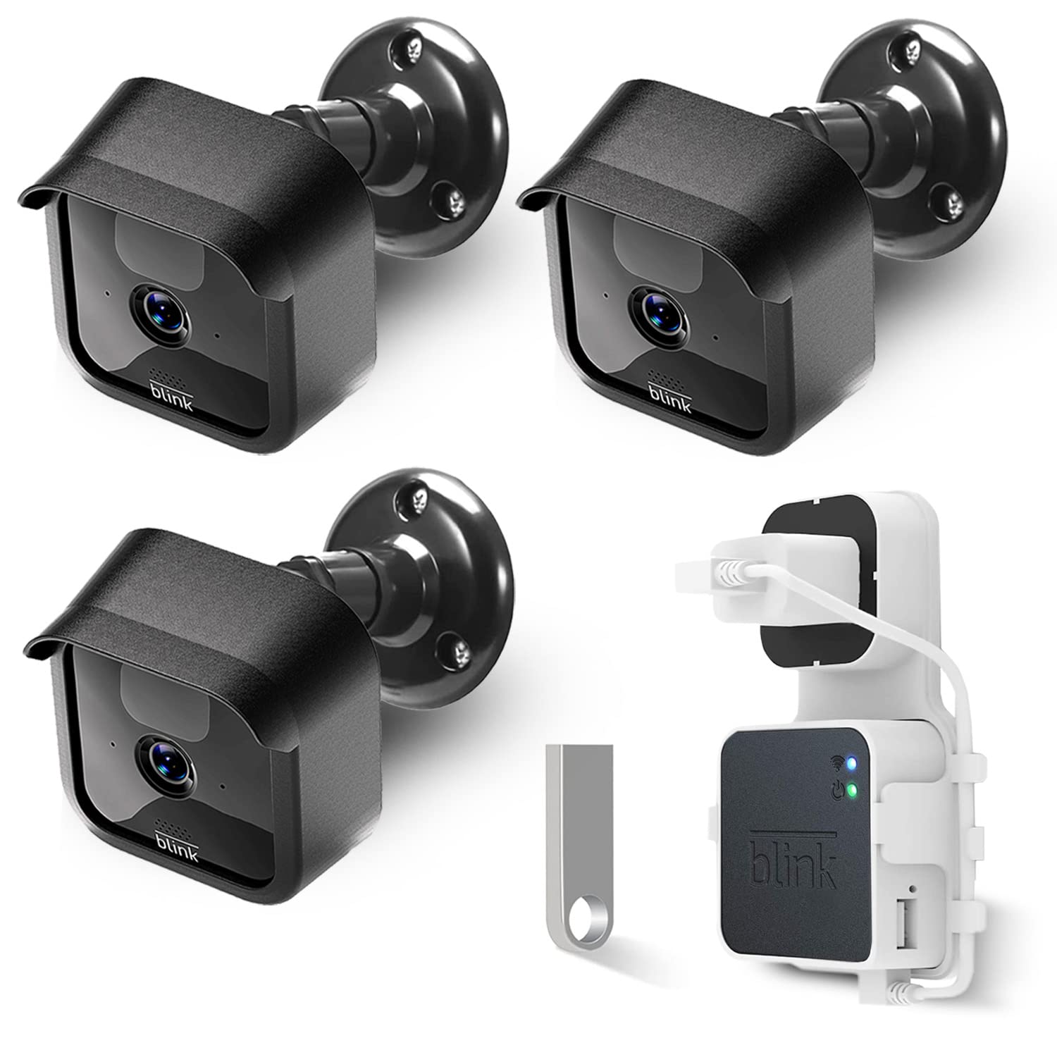 All-New Adjustable Mounting Bracket for Blink Outdoor Indoor Security Camera Systems, Blink Protective Housing Covers, 64GB Flash Drive and Sync Module 2 Holder Included, Black (3 Pack)