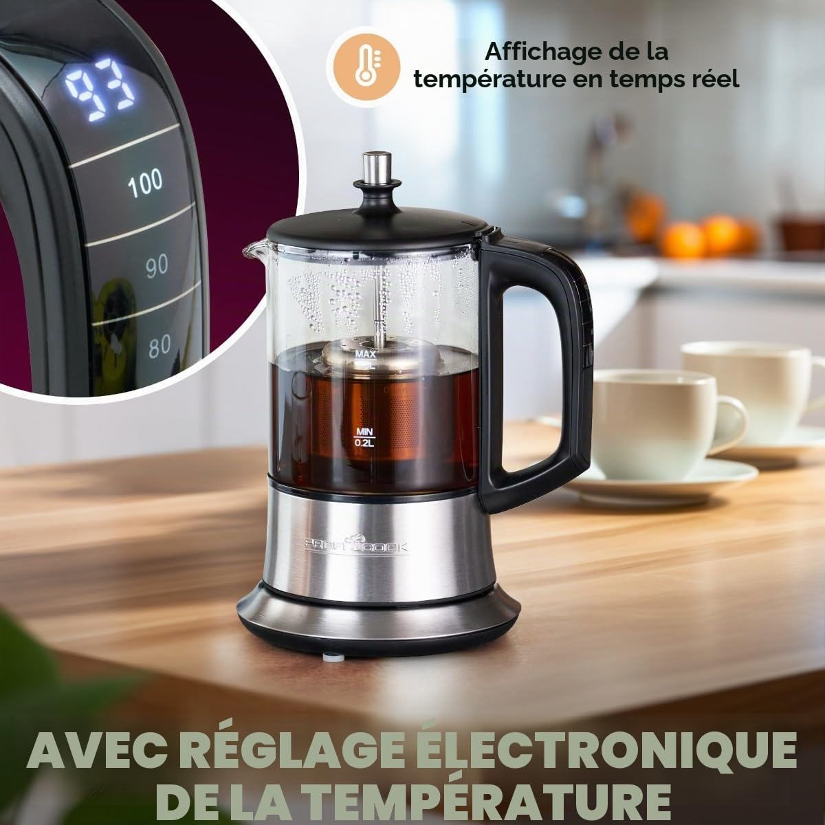 PROFI COOK PC-TK 1165 - Bouilloire 2 en 1 - à thé et à l'eau - Commandes Tactiles - 1100 Watts - Capacité de 0,5 Litres - Couleur Argent