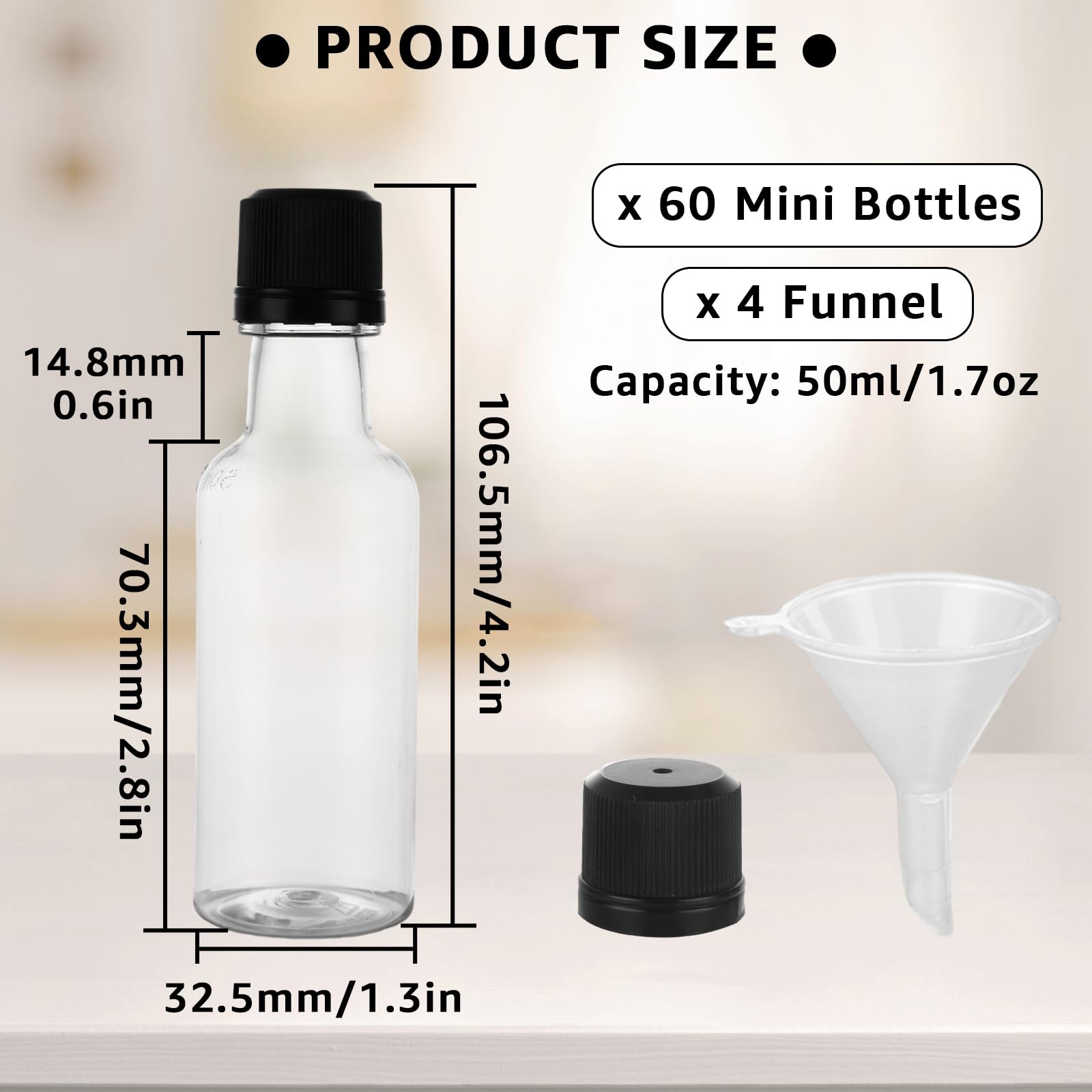 Lot de 70 mini bouteilles d'alcool, bouteilles à spiritueux avec bouchon noir, 50 ml - Bouteilles hermétiques en plastique avec entonnoirs pour cocktail, fête, mariage