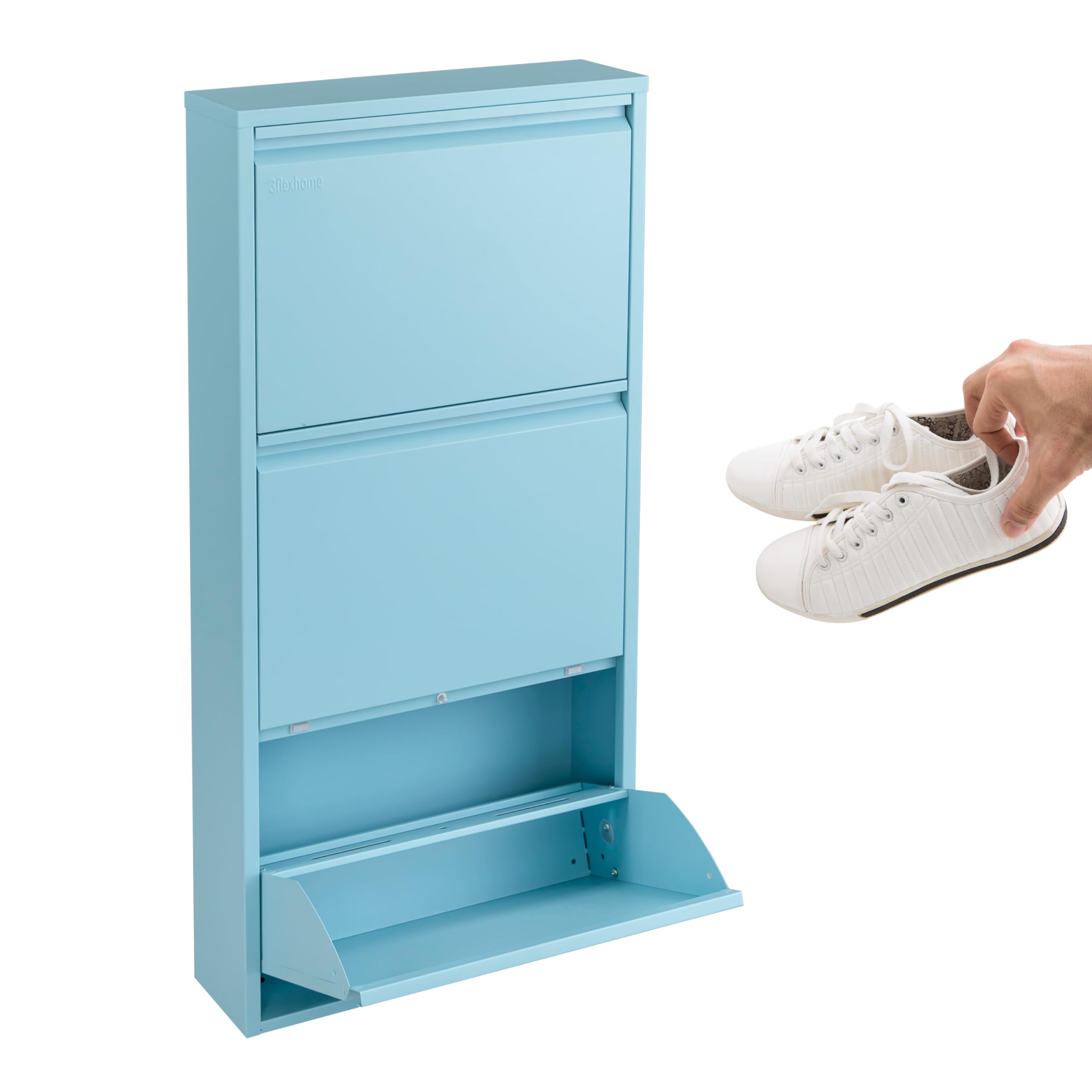 3FlexHome Metal Shoe Storage Cabinet for Hallway and Bedroom - Slim Wall Mounted Shoe Rack with Flip Down Drawers, Modern Ready Assembled Storage Cupboard, Space Saving Shoe Organiser (3 Drawer Blue)