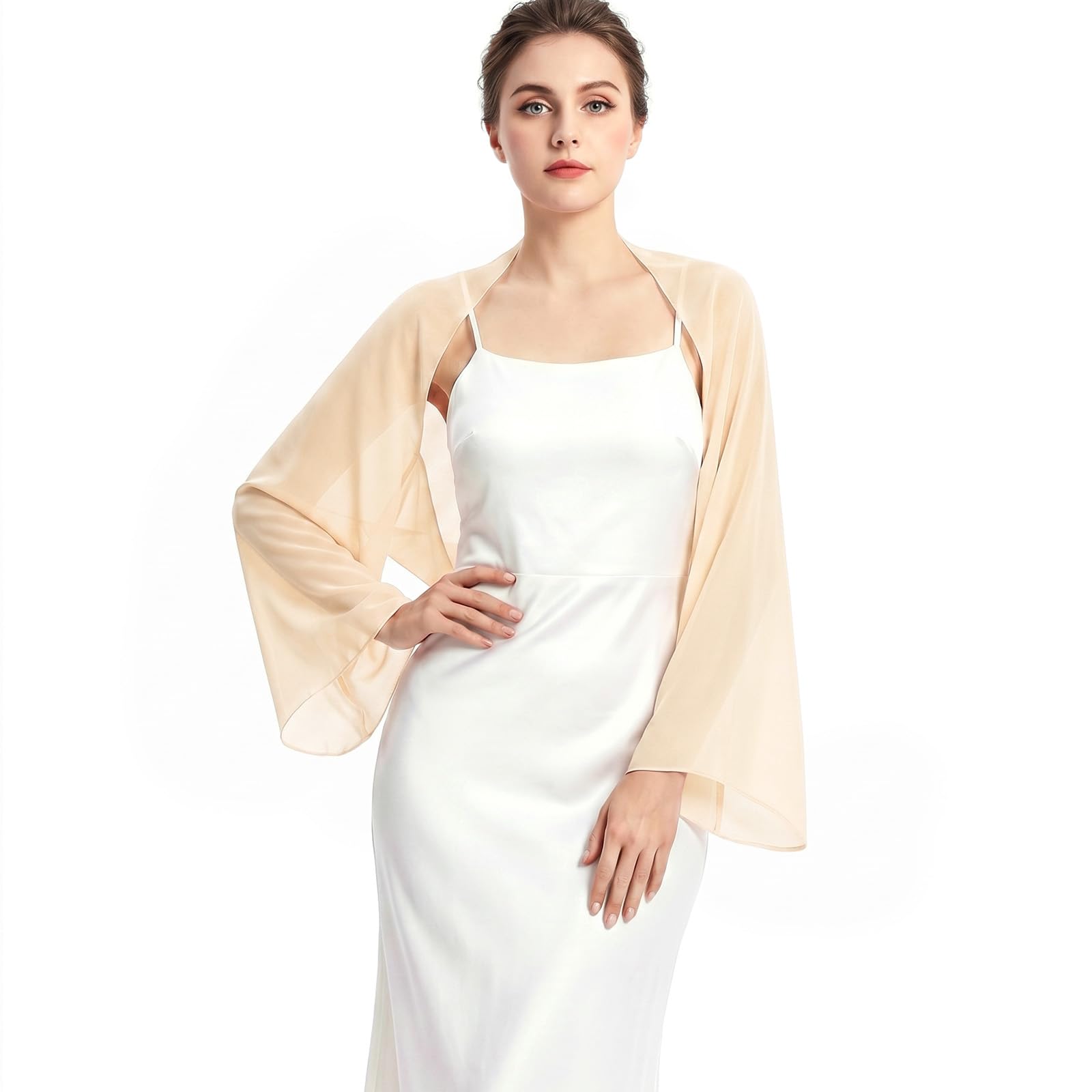 JasGood Stola Damen Festlich Chiffon Schal Sommer Eleganter Schultertuch Leicht Bolero Shrug mit Ärmel Stolan für Abendkleid Brautkleider Hochzeit
