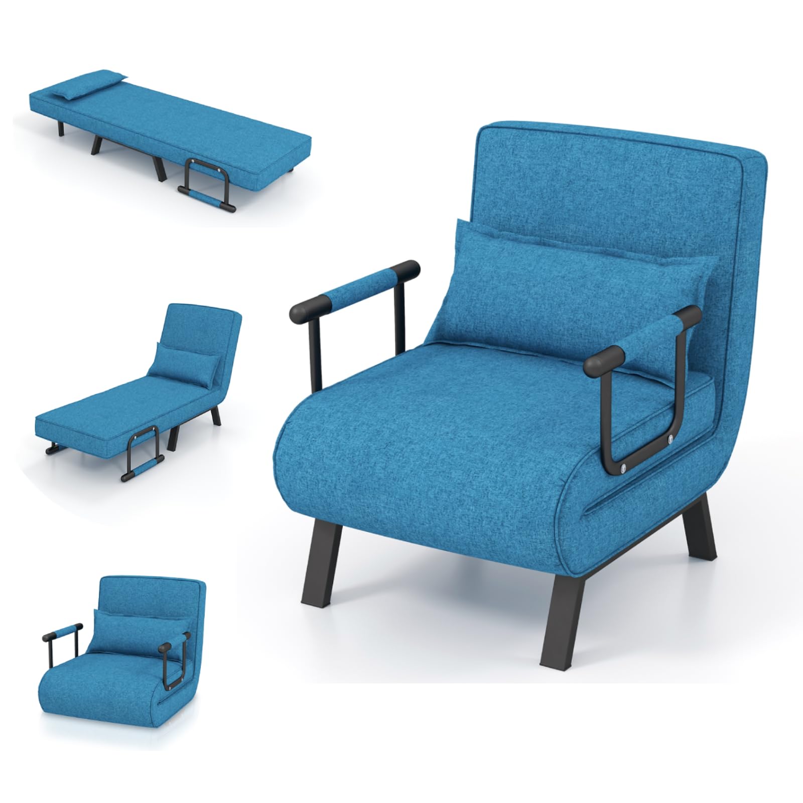 Multigot 4 in 1 Folding Sofa Bed, Convertible Sleeper Chair with Adjustable Backrest, Pillow and Metal Frame, Chaise Lounge Couch, Leisure Accent Chair for Apartment Bedroom Home Office (Blue)