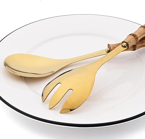 Miniatura 6 de Juego de 4 utensilios para servir con mango de bambú, cuchara larga de acero inoxidable 304, tenedor para cocina, bufé, restaurante, boda, fiesta,