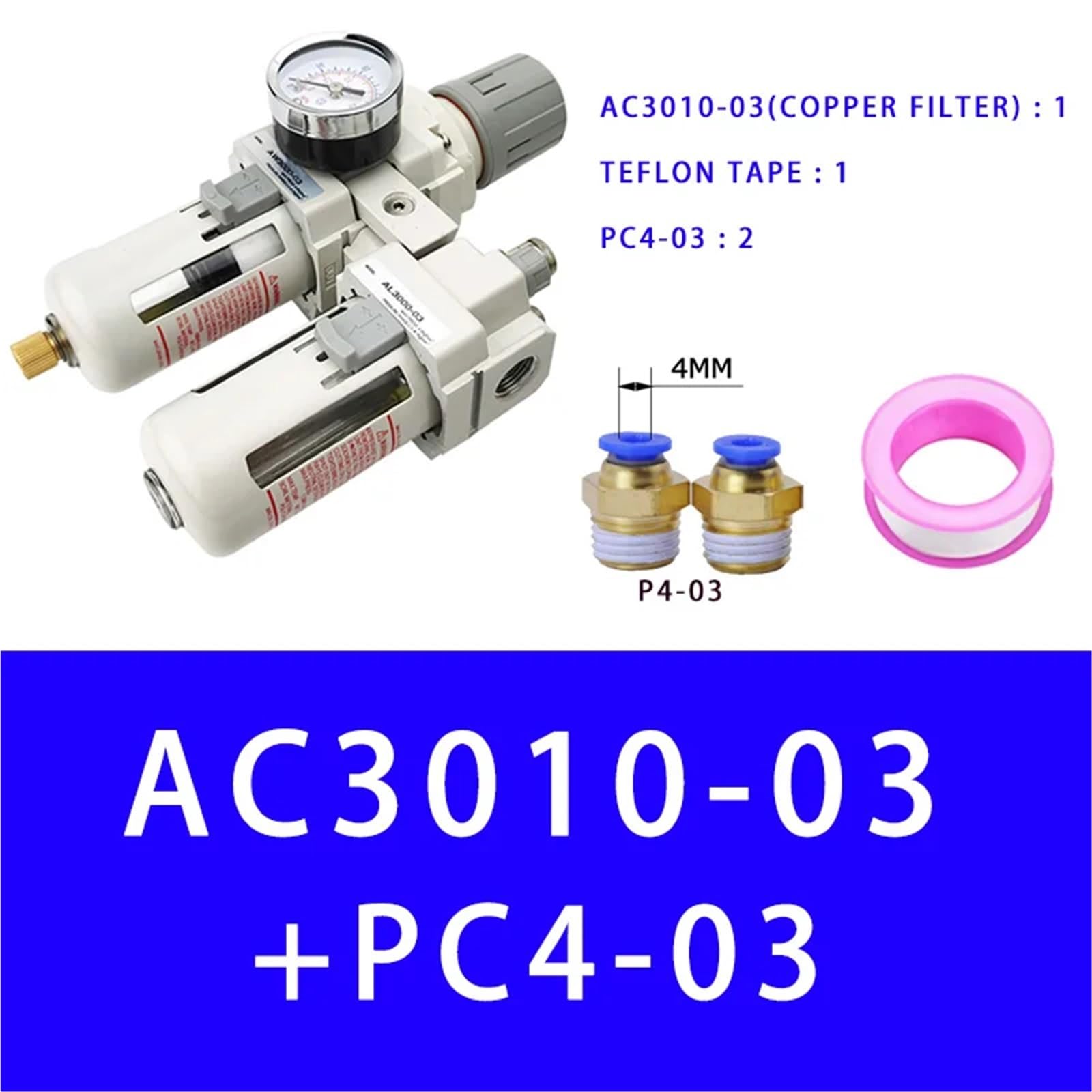 AC3010-03 Bomba de aire Compresor Filtro Regulador de presión Trampa Separador de aceite neumático Drenaje manual Suministro Filtros de humedad(Copper And PC4-03)